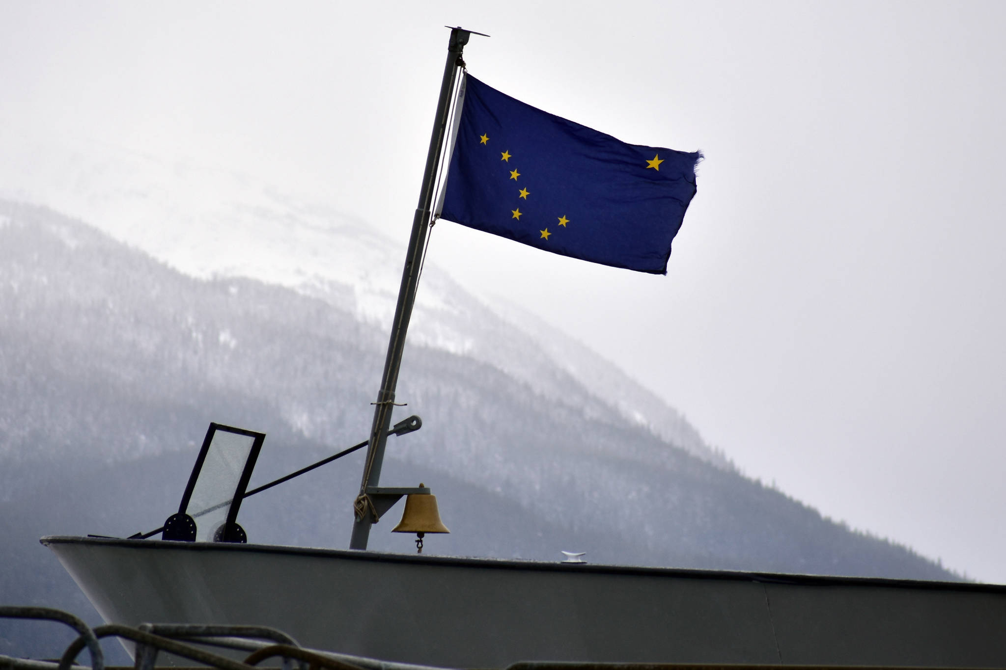 The Alaska state flag on the bow of the MV Matanuska at the Auke Bay Ferry Terminal on Thursday, Feb. 6, 2020. (Peter Segall | Juneau Empire File)