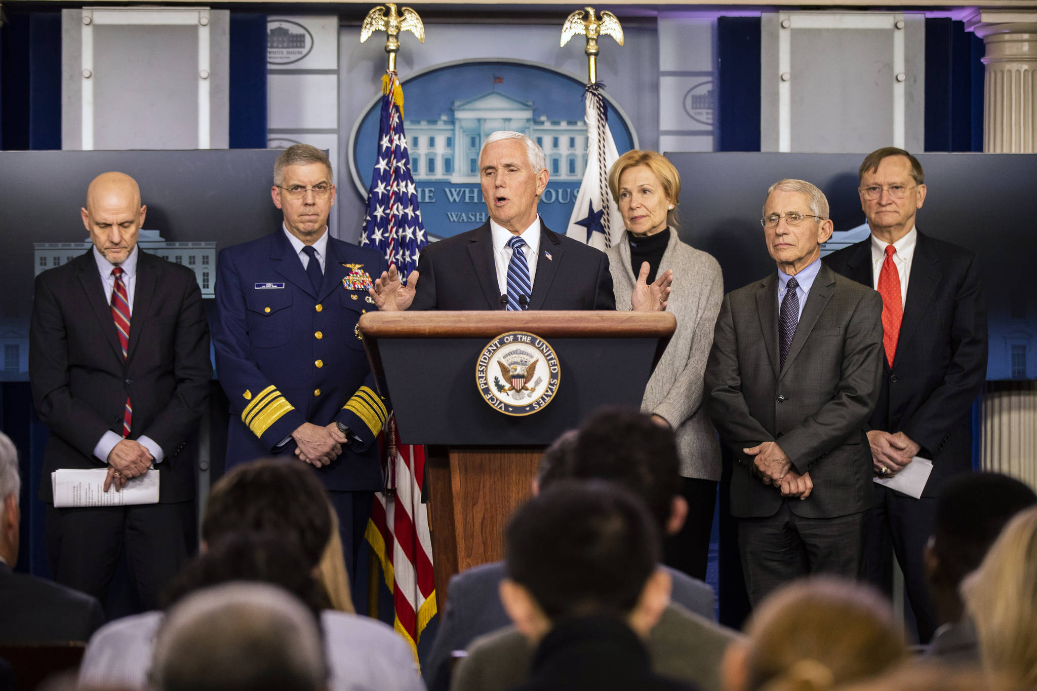 Vice President Mike Pence with, from left, U.S. Food and Drug Administration Commissioner Stephen Hahn, Coast Guard Vice Adm. Daniel Abel, White House coronavirus response coordinator Dr. Deborah Birx, Director of the National Institute of Allergy and Infectious Diseases at the National Institutes of Health Anthony Fauci and Assistant Secretary for Preparedness and Response at the Department of Health & Human Services Robert Kadlec, speaks to reporters during a coronavirus briefing in the Brady press briefing room of the White House, Friday, March 6, 2020, in Washington. (AP Photo/Manuel Balce Ceneta)