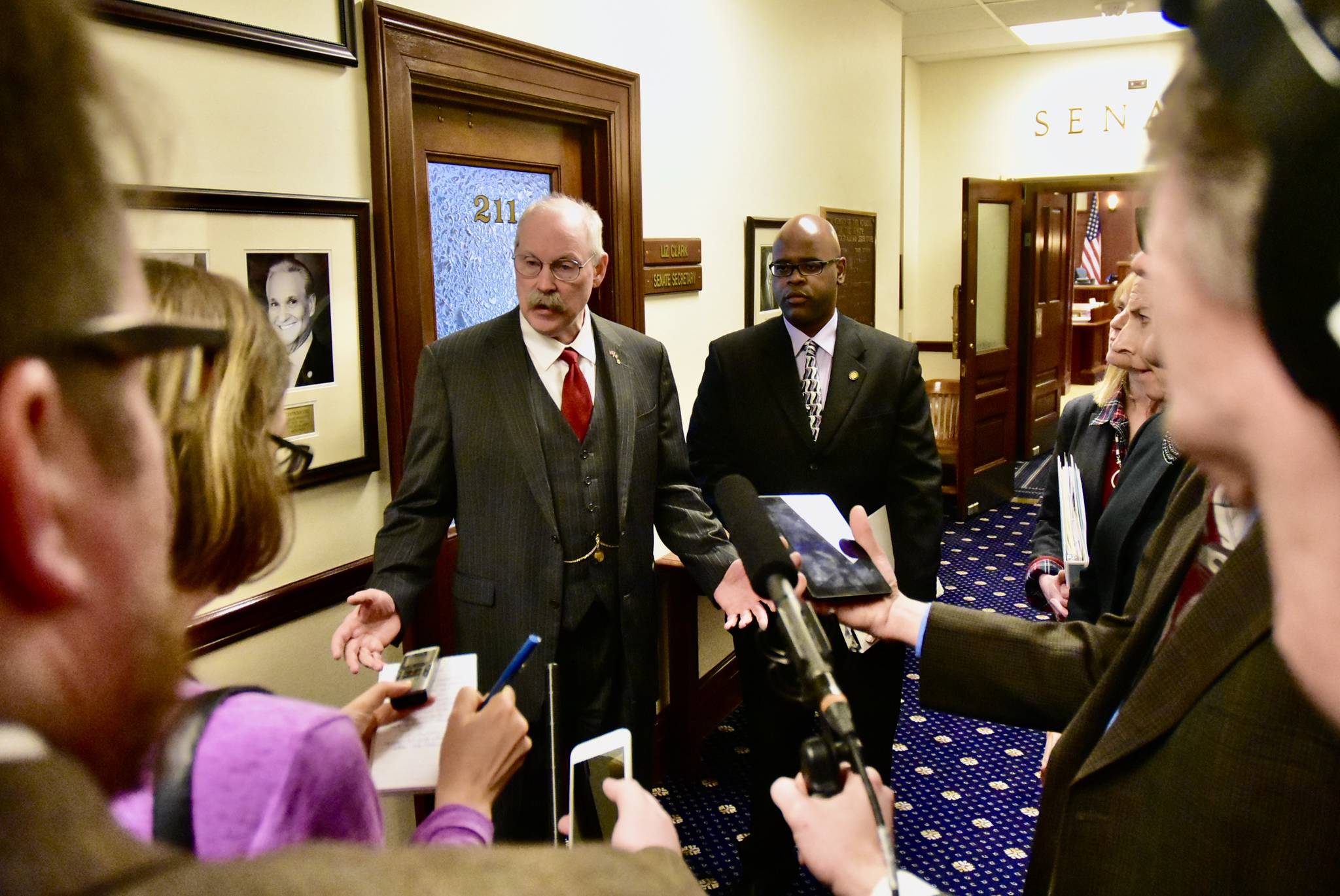 Sen. Bert Stedman, R-Sitka, speaks to reporters about the Legislature’s actions to tackle the coronavirus at the State Capitol Wednesday, March, 11, 2020. (Peter Segall | Juneau Empire)