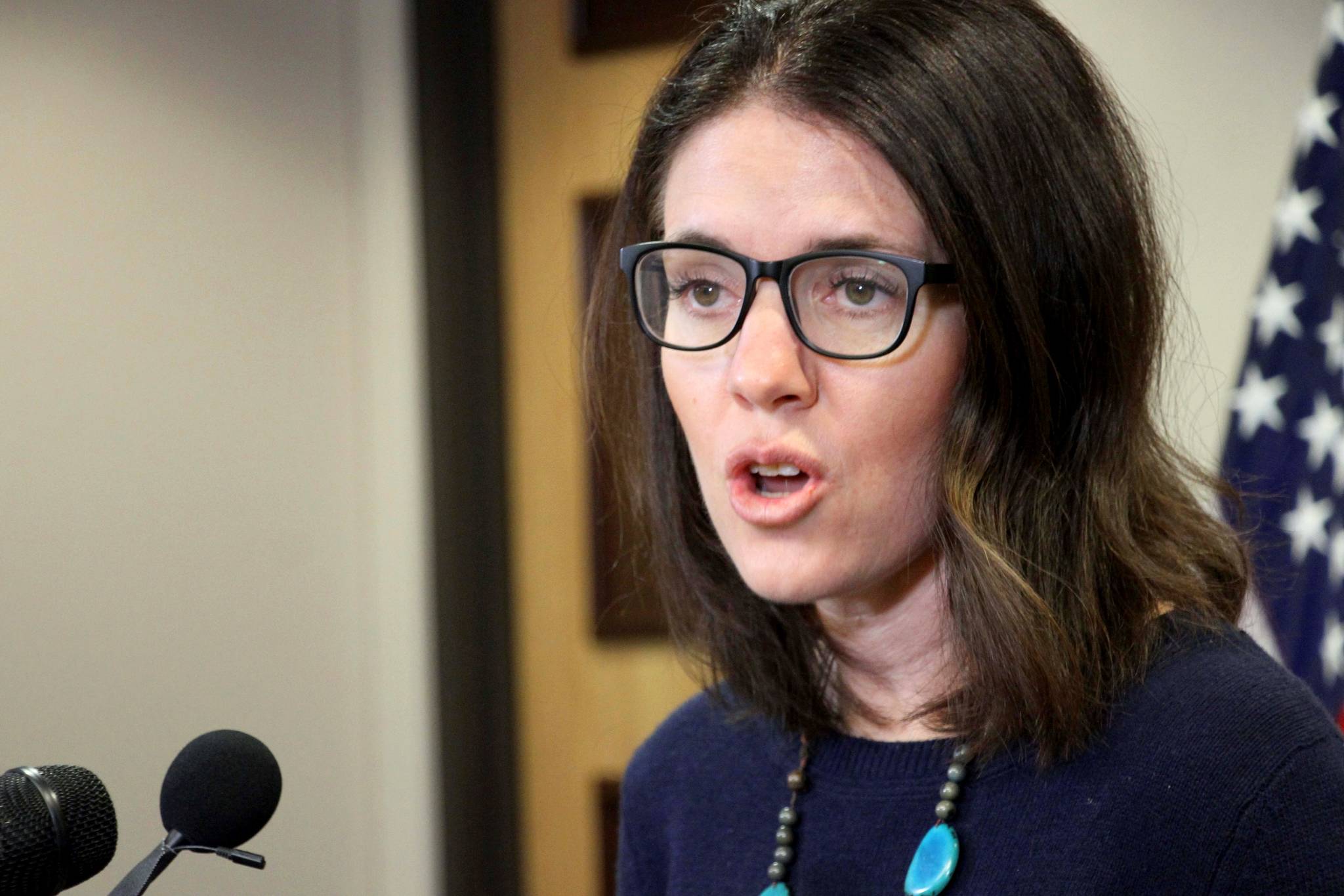 Dr. Anne Zink, the chief medical officer for the state of Alaska, addresses reporters at a news conference Monday, March 9, 2020, in Anchorage, Alaska. State officials said 23 people have been tested for the new coronavirus with no positive results. (AP Photo/Mark Thiessen)