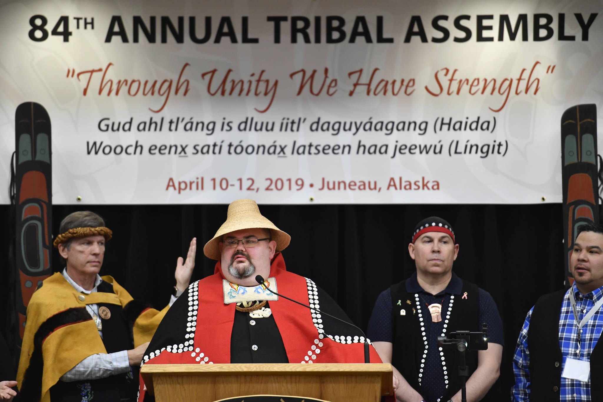 Richard Chalyee Éesh Peterson, president of the Central Council of Tingit and Haida Indian Tribes of Alaska, watches over the opening of the three-day 84th Annual Tribal Assembly at the Elizabeth Peratrovich Hall in April 2019. This year’s assembly is canceled. (Michael Penn | Juneau Empire File)