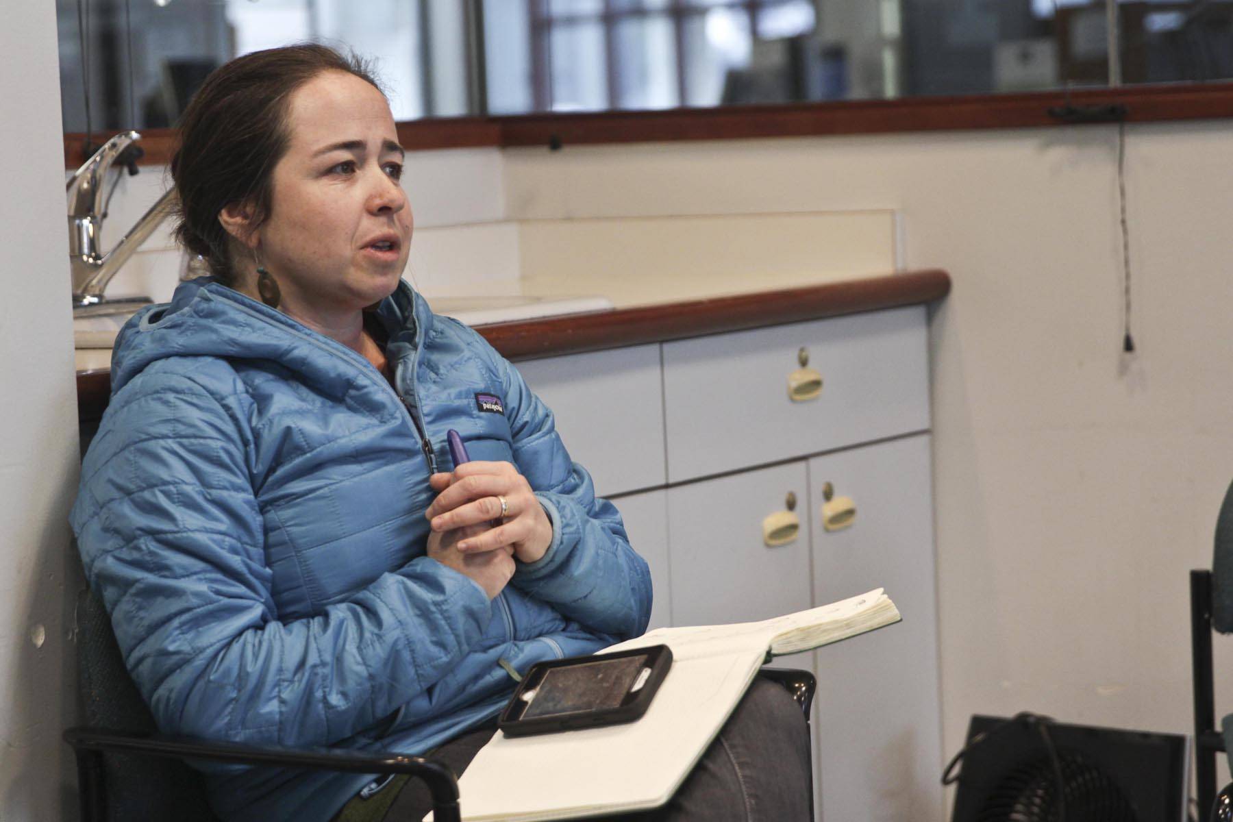 Mariya Lovishchuk, executive director of the Glory Hall, asks a question during a meeting to discuss Juneau’s plan for preventing the spread of the coronavirus among Juneau citizens experiencing homelessness on March 18, 2020. (Michael S. Lockett | Juneau Empire)