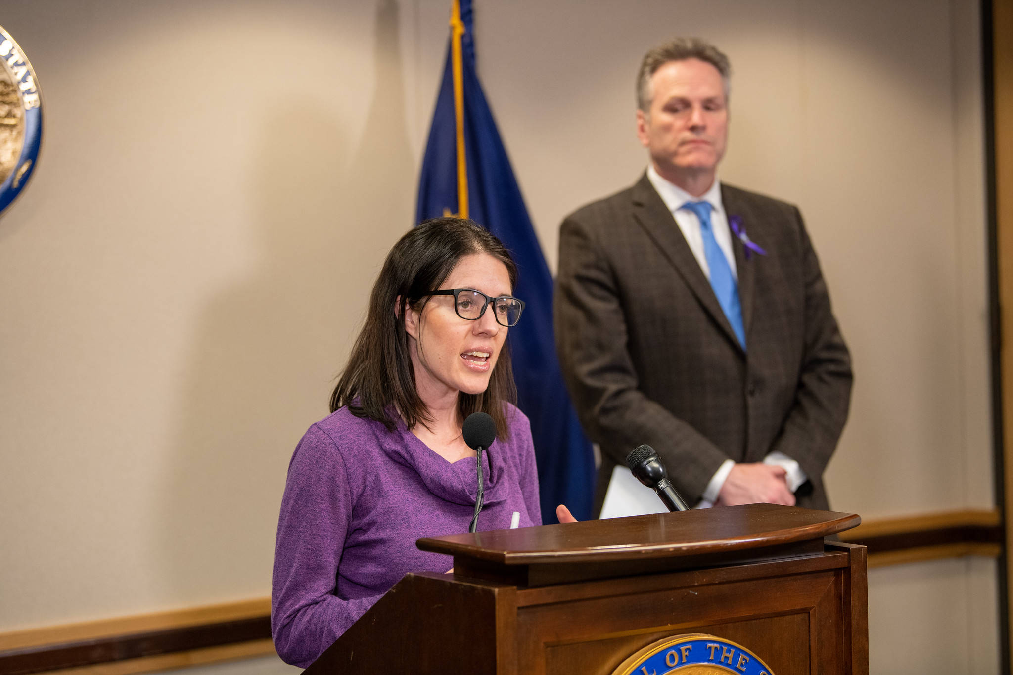 Dr. Anne Zink, chief medical officer for the State of Alaska, front, and Gov. Mike Dunleavy at a press conference in Anchorage on Thursday, March 19, 2020. (Courtesy photo | Office of Gov. Mike Dunleavy)