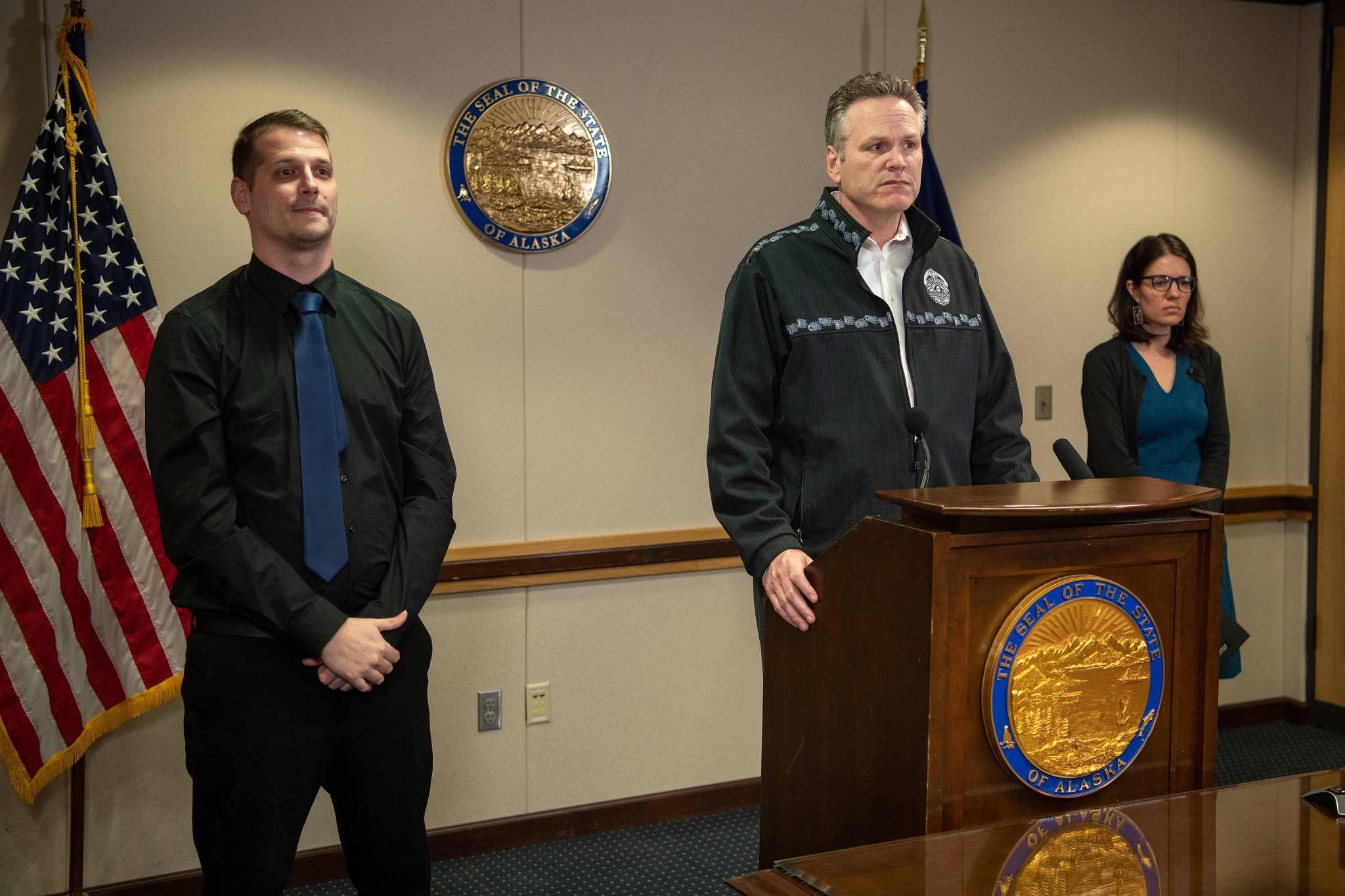 Gov. Mike Dunleavy at a press conference in Anchorage on Monday, March 23, 2020. (Courtesy photo | Office of Gov. Mike Dunleavy)