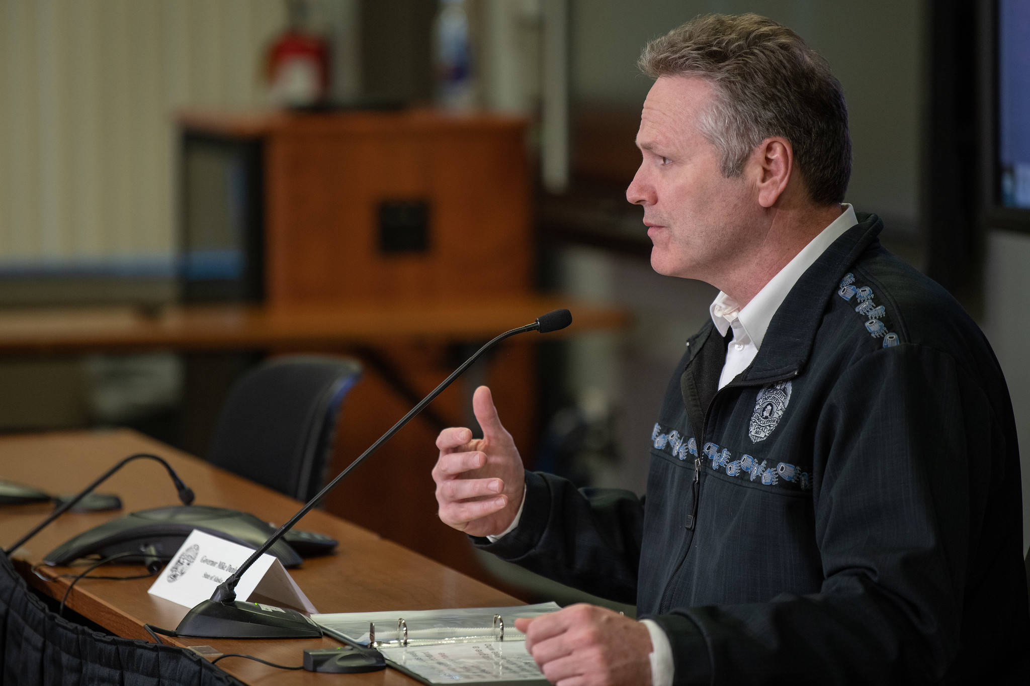Gov. Mike Dunleavy speaks at a press conference in Anchorage on Thursday, March 26, 2020. (Courtesy photo | Office of Gov. Mike Dunleavy)