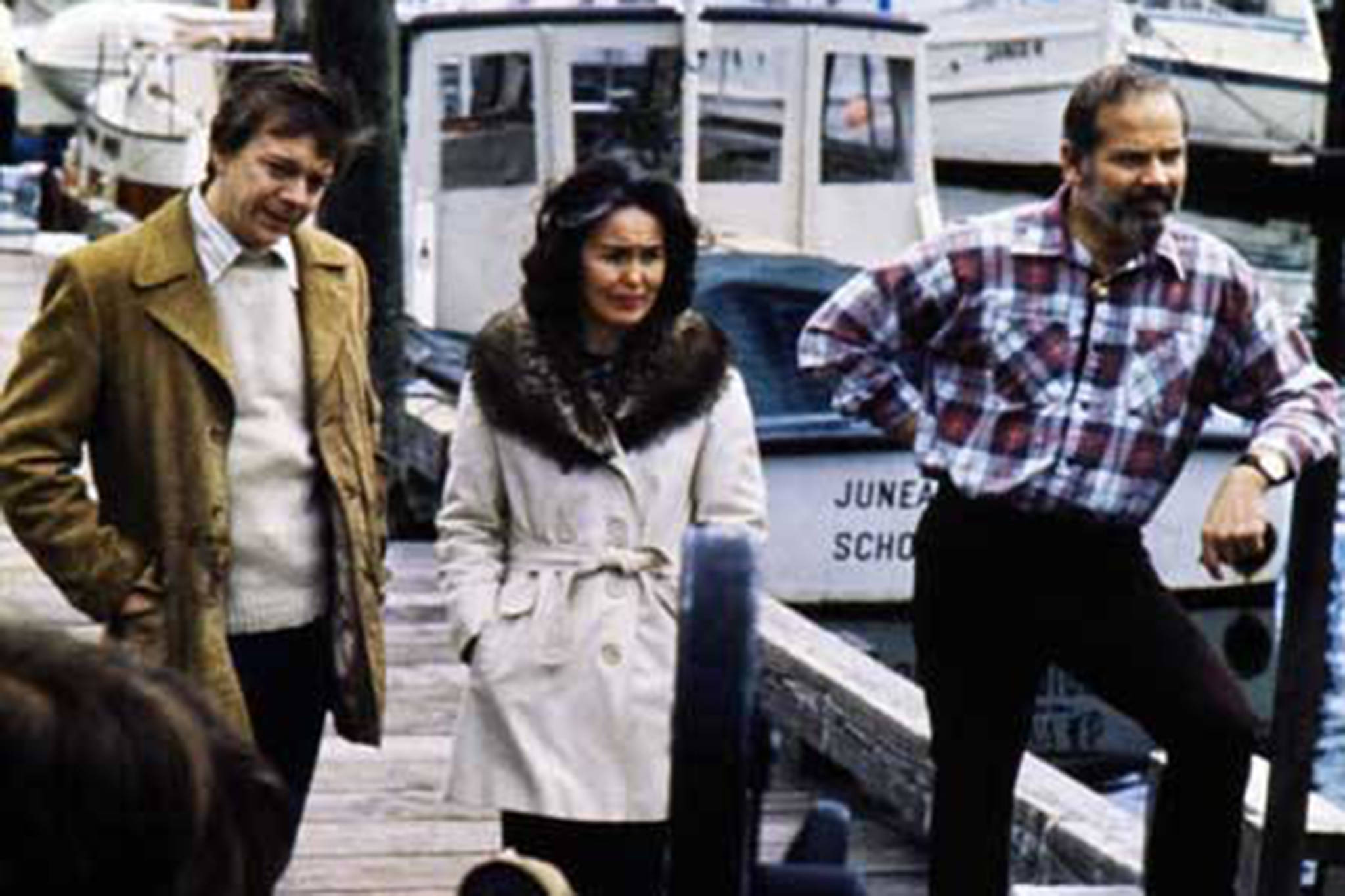 Jay and Bella Hammond and another, unidentified, person are interviewed on the dock at Juneau’s Harris Harbor. (Courtesy Photo | Alaska’s Digital Archives, Alaska Office of the Governor Photograph Collection, 1959 to present. ASL-PCA-213)