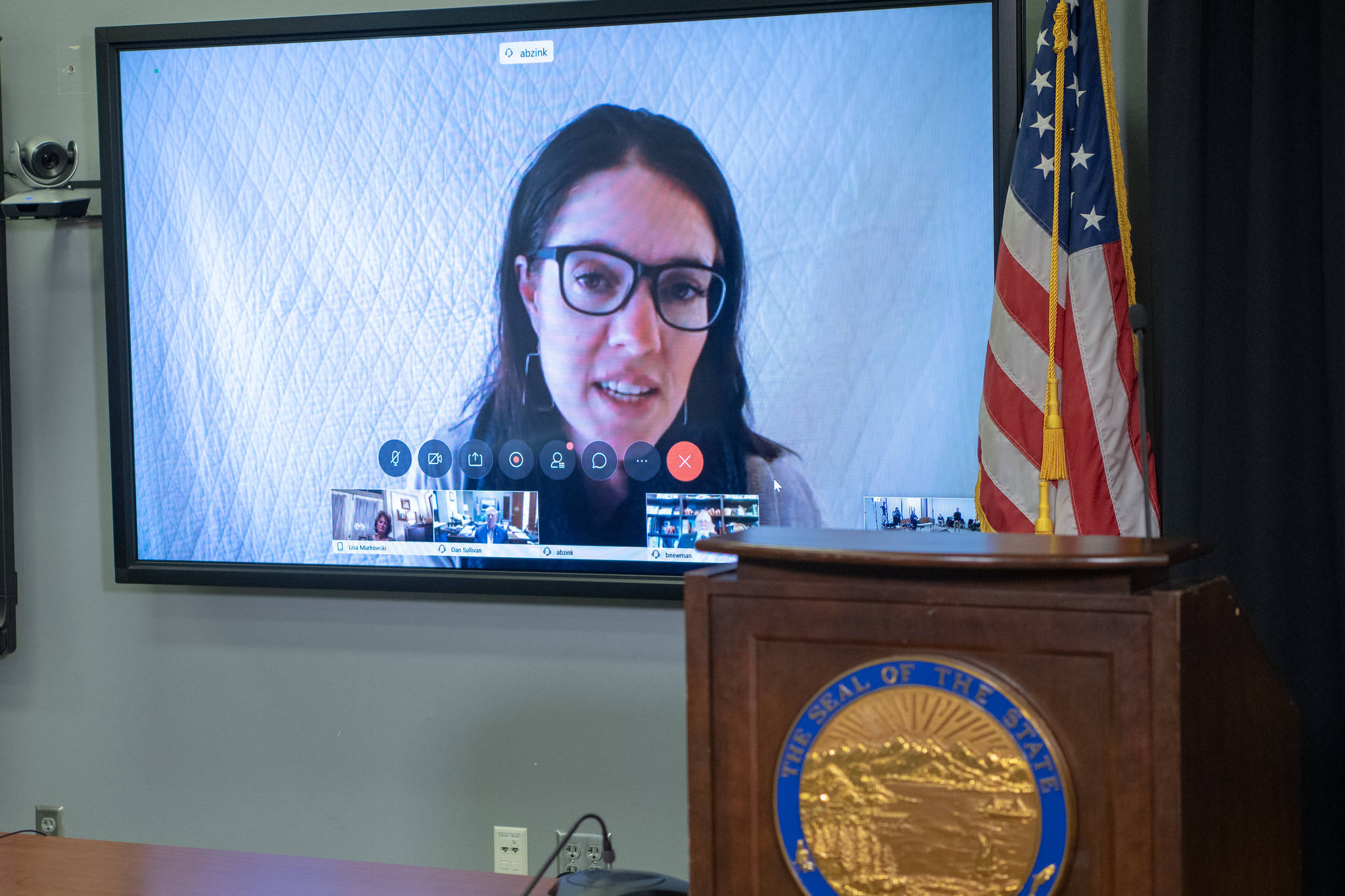 Chief Medical Officer Dr. Anne Zink speaks via video at a press conference in Anchorage on Monday, March 30, 2020. (Peter Segall | Juneau Empire)