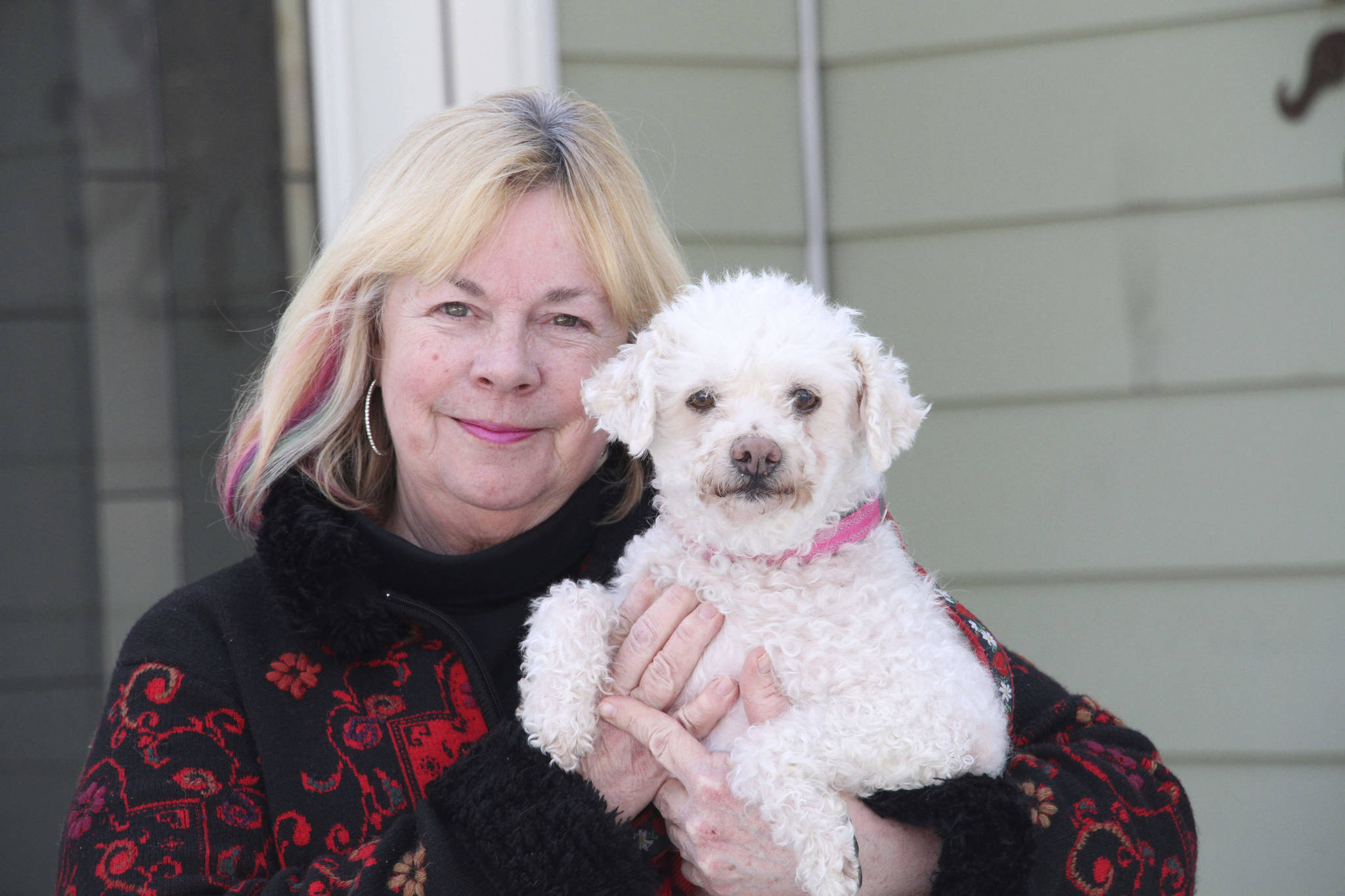 In this March 26, 2020, photo, Ina Pizzolato Offret is shown with Kelsey, a dog she and her husband, Ron, are fostering at their home in Anchorage, Alaska. Worried that the coronavirus outbreak would cause animal adoptions to plunge, shelters across the country put out the call for people to temporarily foster pets. (AP Photo/Mark Thiessen)