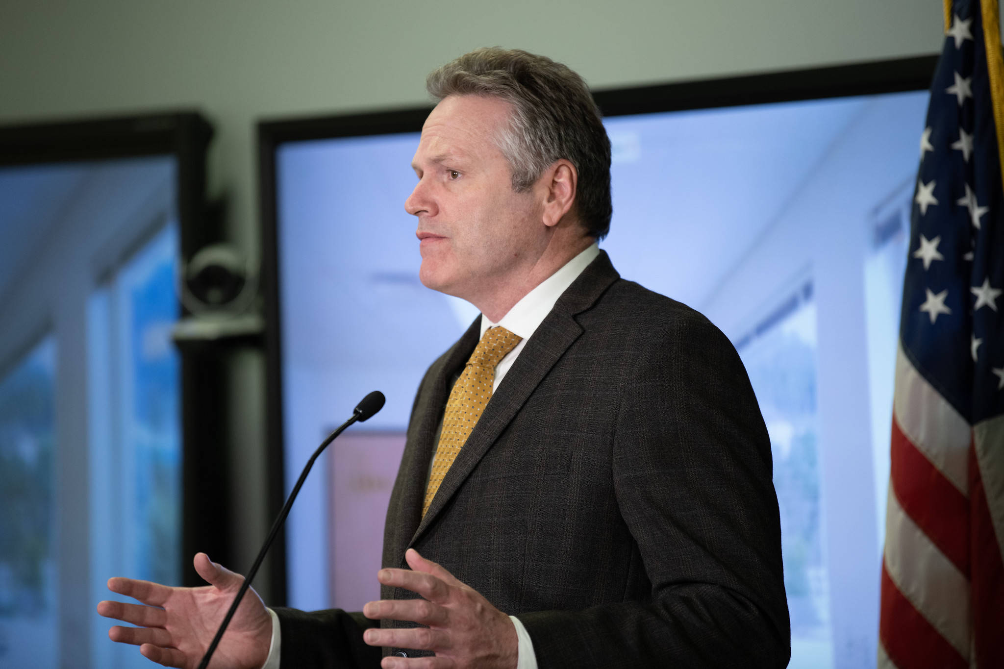 Courtesy photo | Office of Gov. Mike Dunleavy                                 Gov. Mike Dunleavy at a press conference in Anchorage on Tuesday.