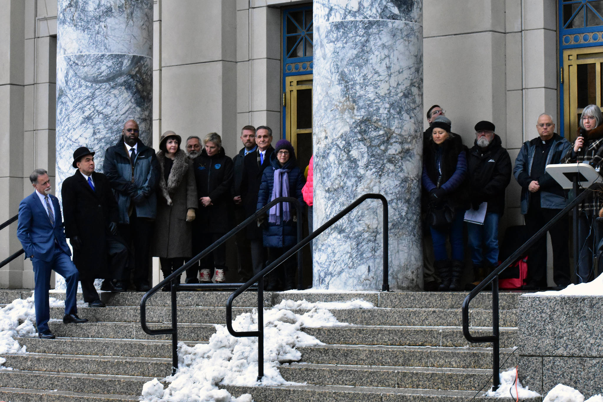 A group of mostly Republican lawmakers gather on the steps of the Capitol building for an anti-abortion rally on Wednesday, Jan. 22, 2020. Health guidelines released by the state Tuesday say abortions can be delayed amid virus concerns. (Peter Segall | Juneau Empire File)