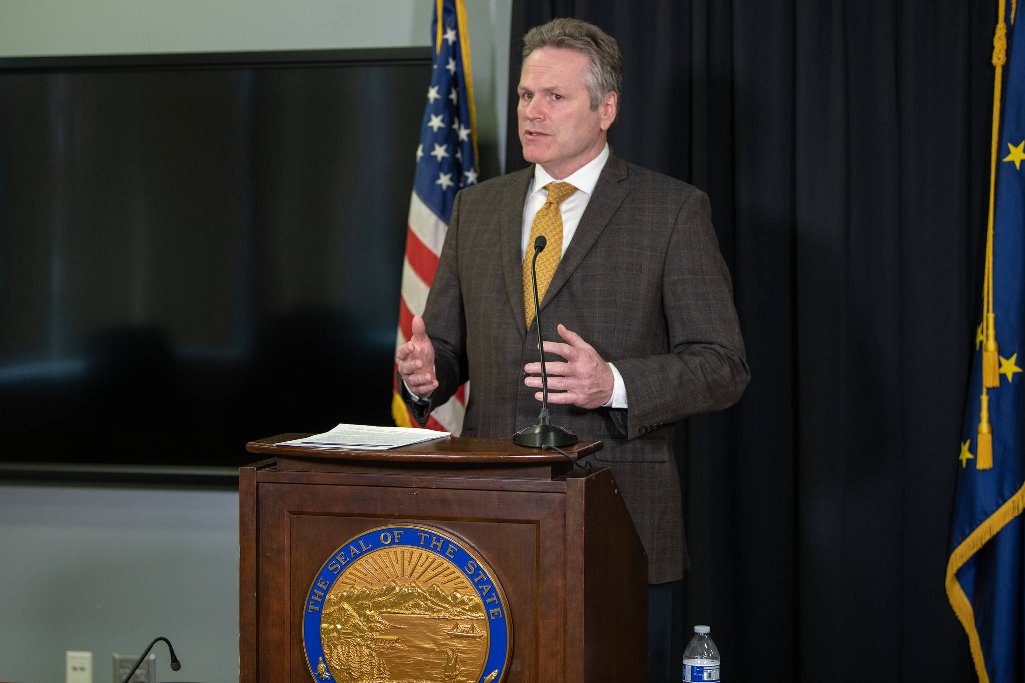 Gov. Mike Dunleavy speaks at a press conference in Anchorage on Tuesday, April 7, 2020. (Courtesy photo | Office of Gov. Mike Dunleavy)