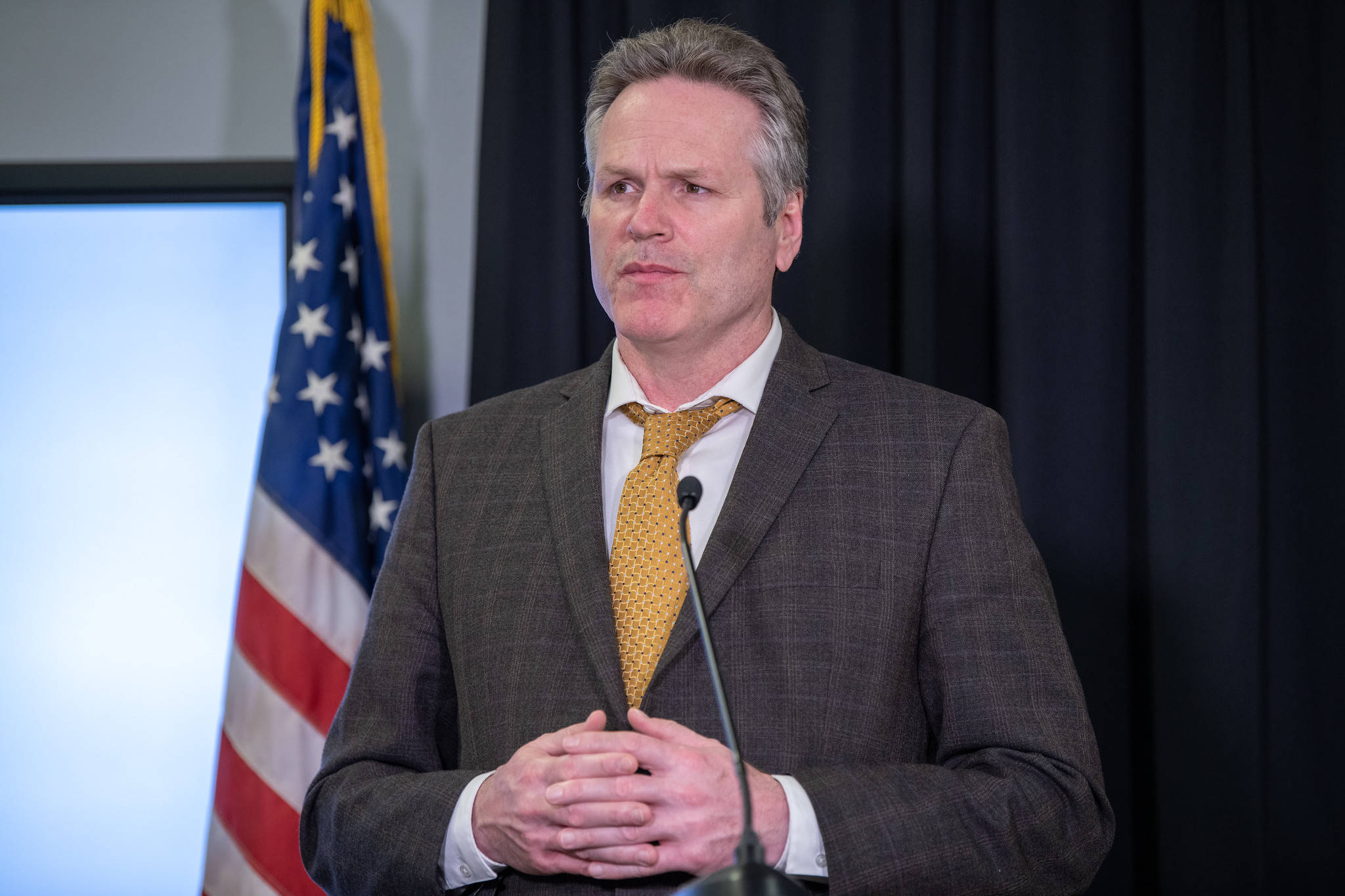 Gov. Mike Dunleavy at a press conference in Anchorage on Tuesday, April 7, 2020. (Courtesy photo | Office of Gov. Mike Dunleavy)