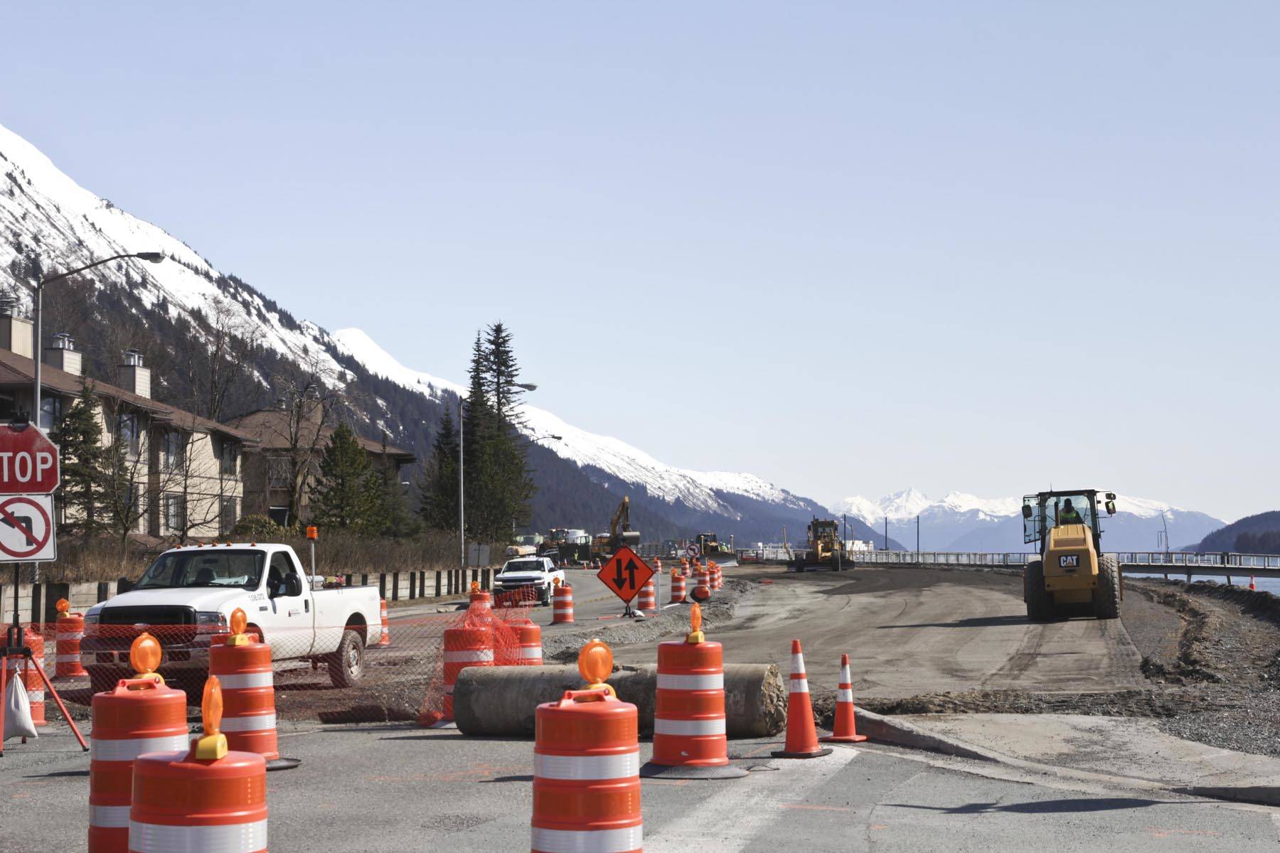 With the spring thaw, the Alaska Department of Transportation has resumed work on Egan Drive, April 10, 2020. (Michael S. Lockett | Juneau Empire)