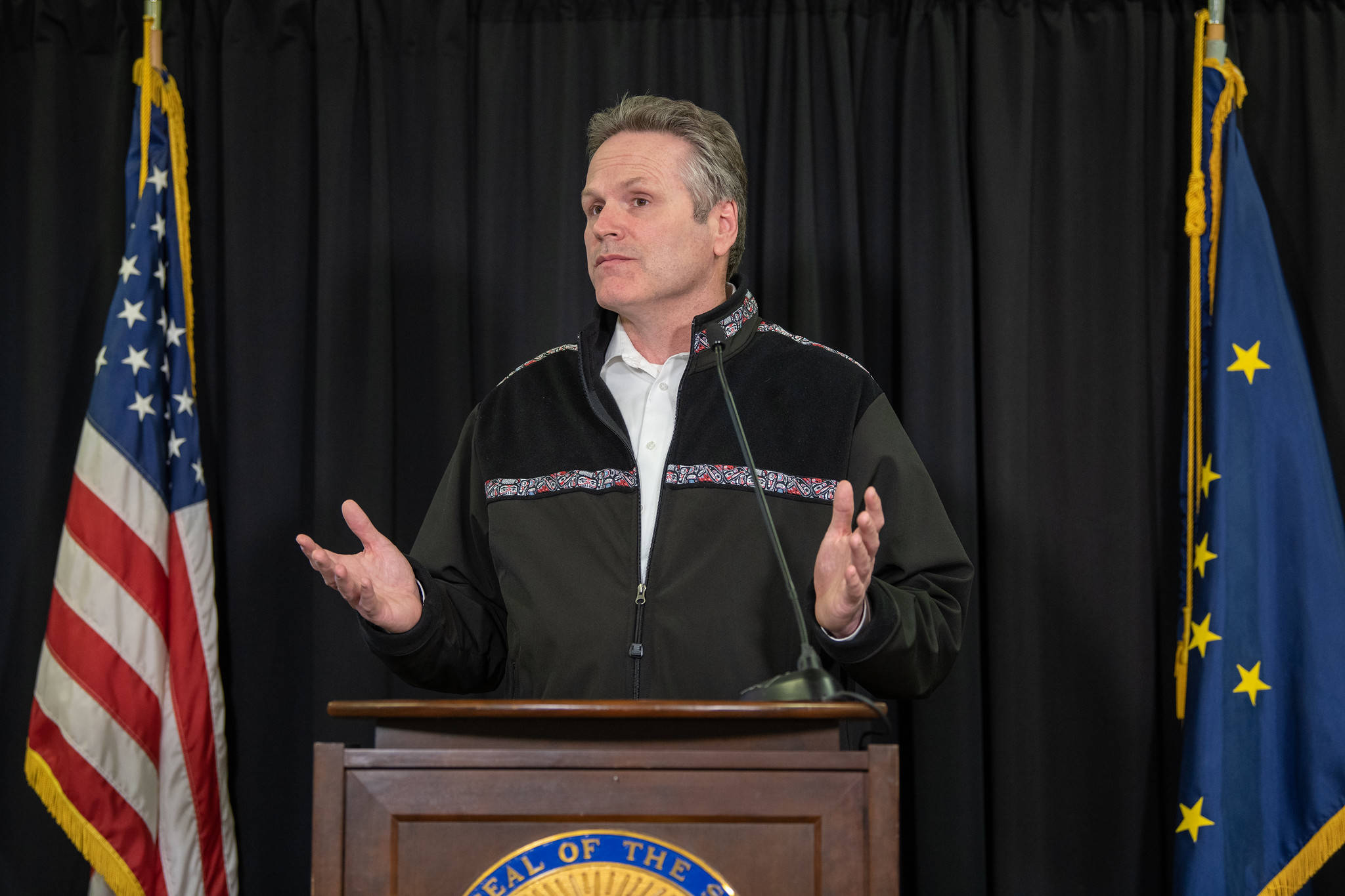Gov. Mike Dunleavy at a press conference in Anchorage on Friday, April 9, 2020. (Courtesy photo | Office of Gov. Mike Dunleavy)