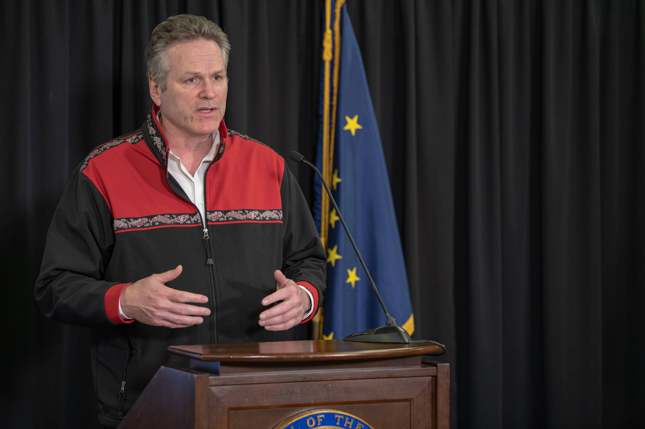 Gov. Mike Dunlevy speaks at a press conference in Anchorage on Monday, April 20, 2020. (Courtesy photo | Office of Gov. Mike Dunleavy)