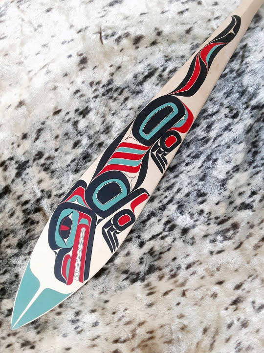 This paddle is one of Wayne Price’s ongoing projects. Price, an award-winning artist and associate professor for University of Alaska Southeast, said he’s looking forward to spending some time paddling on the water once the ongoing pandemic calms down. (Courtesy Photo | Wayne Price)
