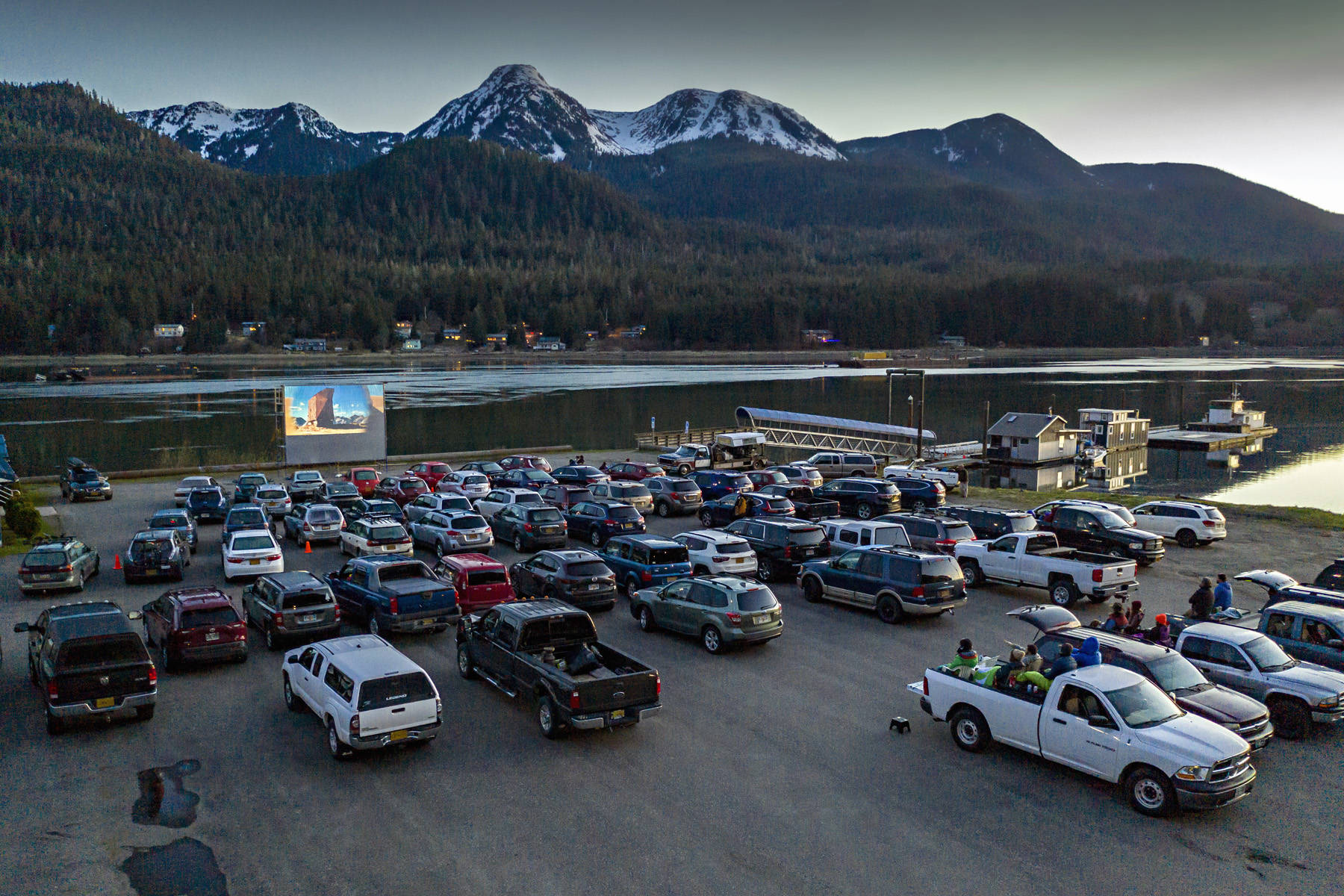 Juneau residents gather at the Gold Town Nickelodeons pop-up drive-in theatre to watch Star Wars: A New Hope on Star Wars Day, May 4, 2020. Screenings at the temporary outdoor theater will continue this week. (Christopher Miller | csmphotos.com)