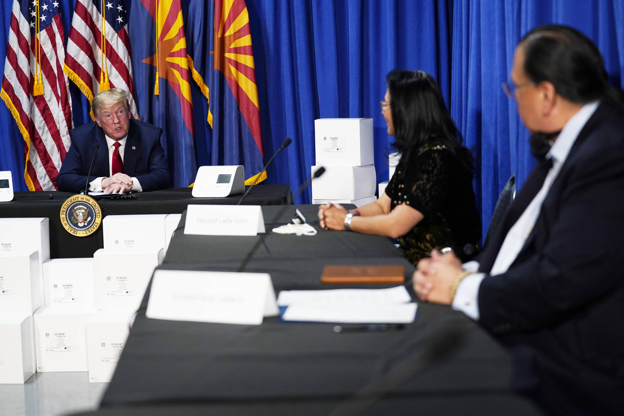 President Donald Trump speaks during a roundtable on supporting Native Americans, Tuesday, May 5, 2020, in Phoenix. (AP Photo/Evan Vucci)