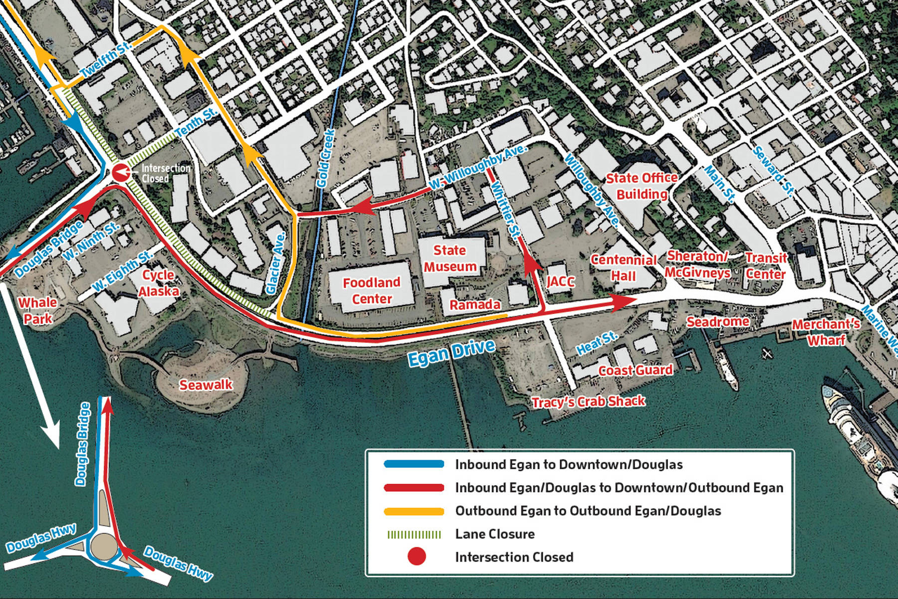 Construction on the intersection of Tenth Street and Egan Drive beginning the morning of Friday, May 8, 2020. (Courtesy art | Alaska Department of Transportation)