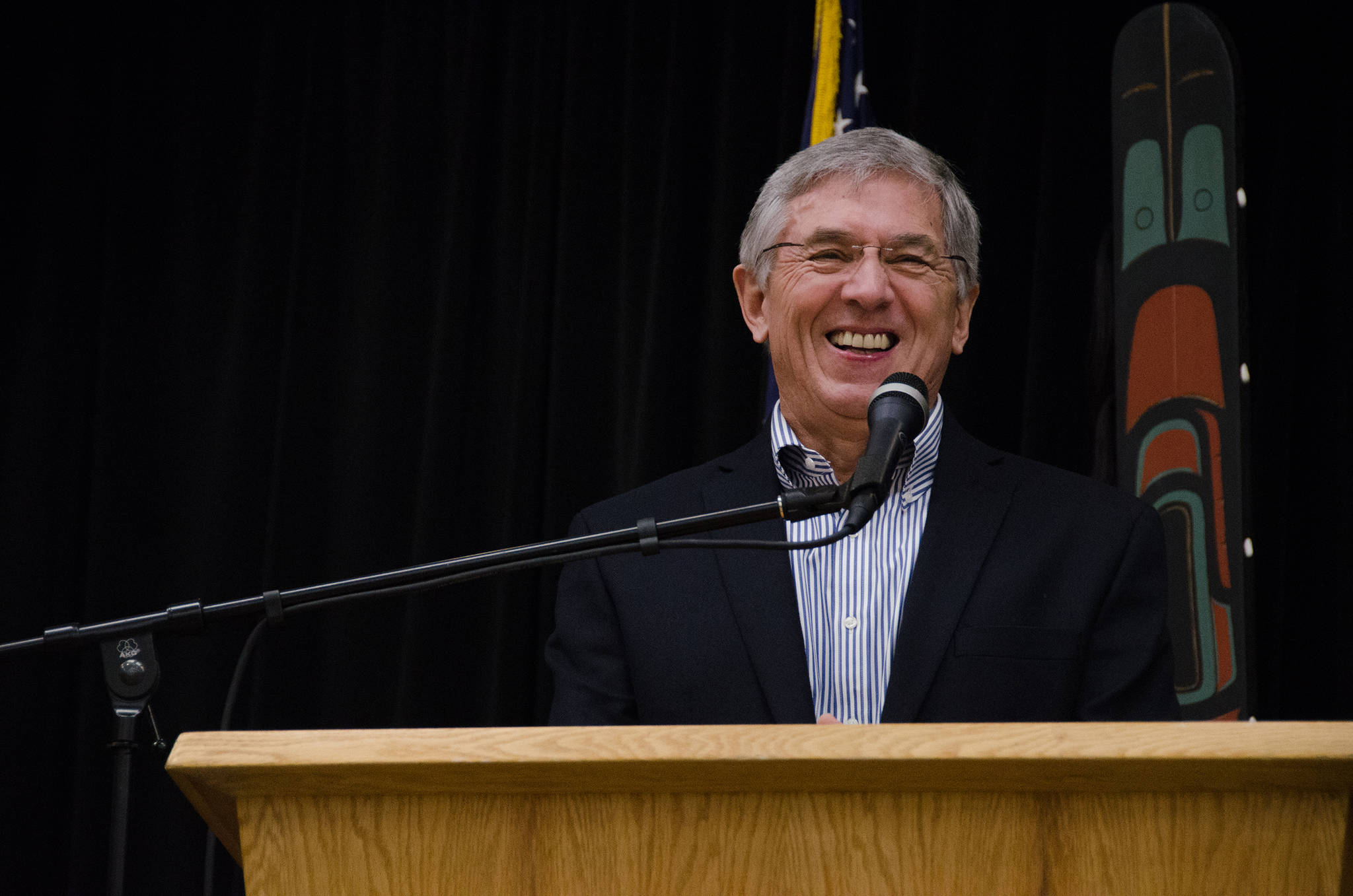 Then-Lt. Gov. Byron Mallott speaks at the 2015 Native Issues Forum in December 2015 at Elizabeth Peratrovich Hall. Mallott died at age 77. (Michael Penn | Juneau Empire File)