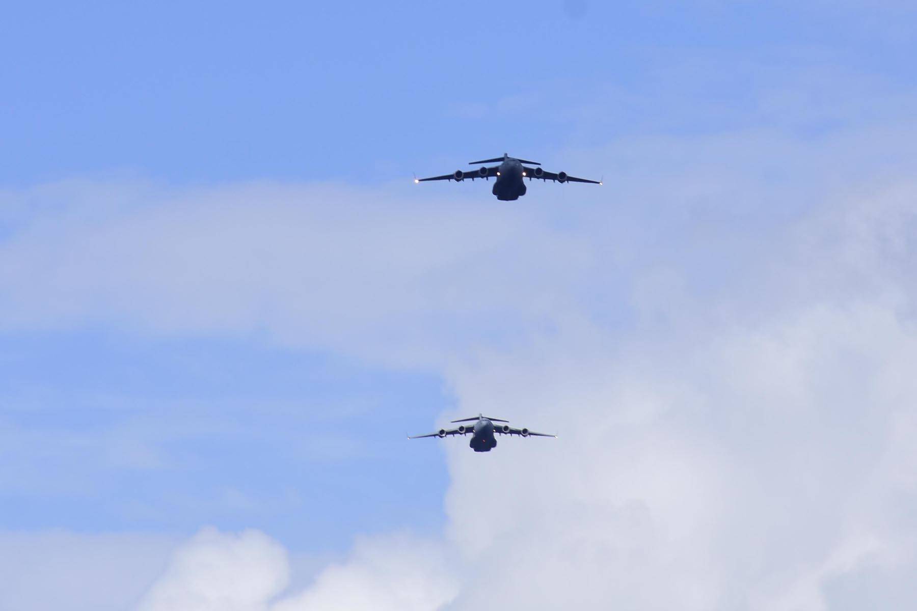 C-17 Globemaster III cargo planes from Joint Base Elmendorf-Richardson performed a flyby over Juneau on May 15, 2020, to support the efforts of medical and emergency personnel in the face of the coronavirus. (Peter Segall | Juneau Empire)