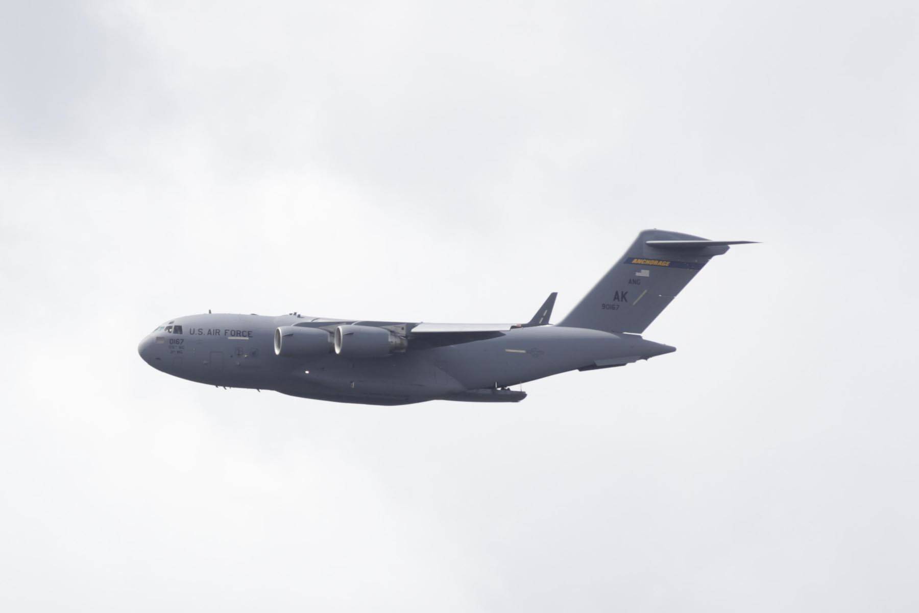 C-17 Globemaster III cargo planes from Joint Base Elmendorf-Richardson performed a flyby over Juneau on May 15, 2020, to support the efforts of medical and emergency personnel in the face of the coronavirus. (Michael S. Lockett | Juneau Empire)