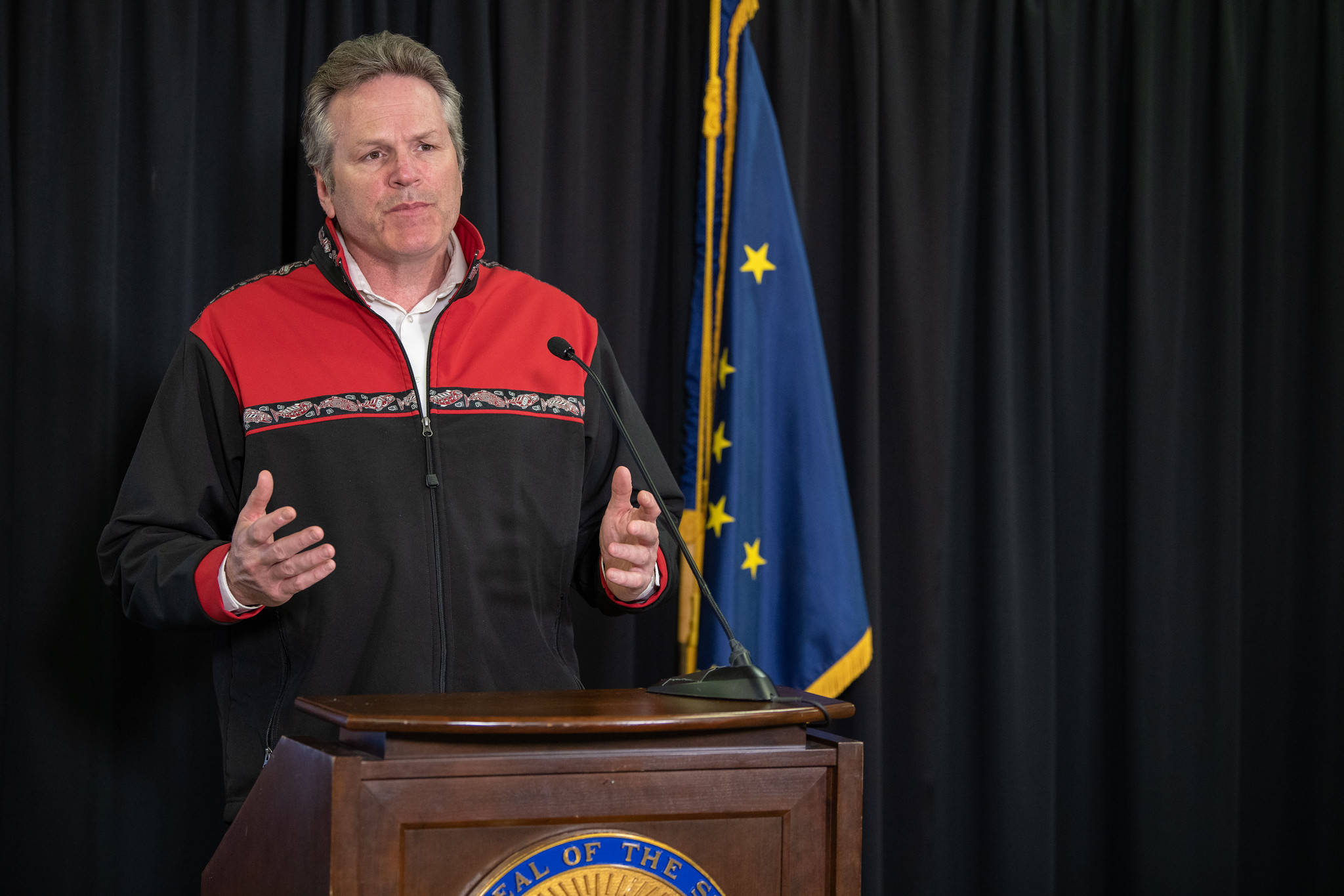 Gov. Mike Dunleavy at a press conference in Anchorage on Monday, May 11, 2020. Dunleavy had hoped to send out federal funds using a limited legal process, saying expediency was key. But a Juneau man’s lawsuit is calling lawmakers back to the Capitol. (Courtesy photo | Office of Gov. Mike Dunleavy)