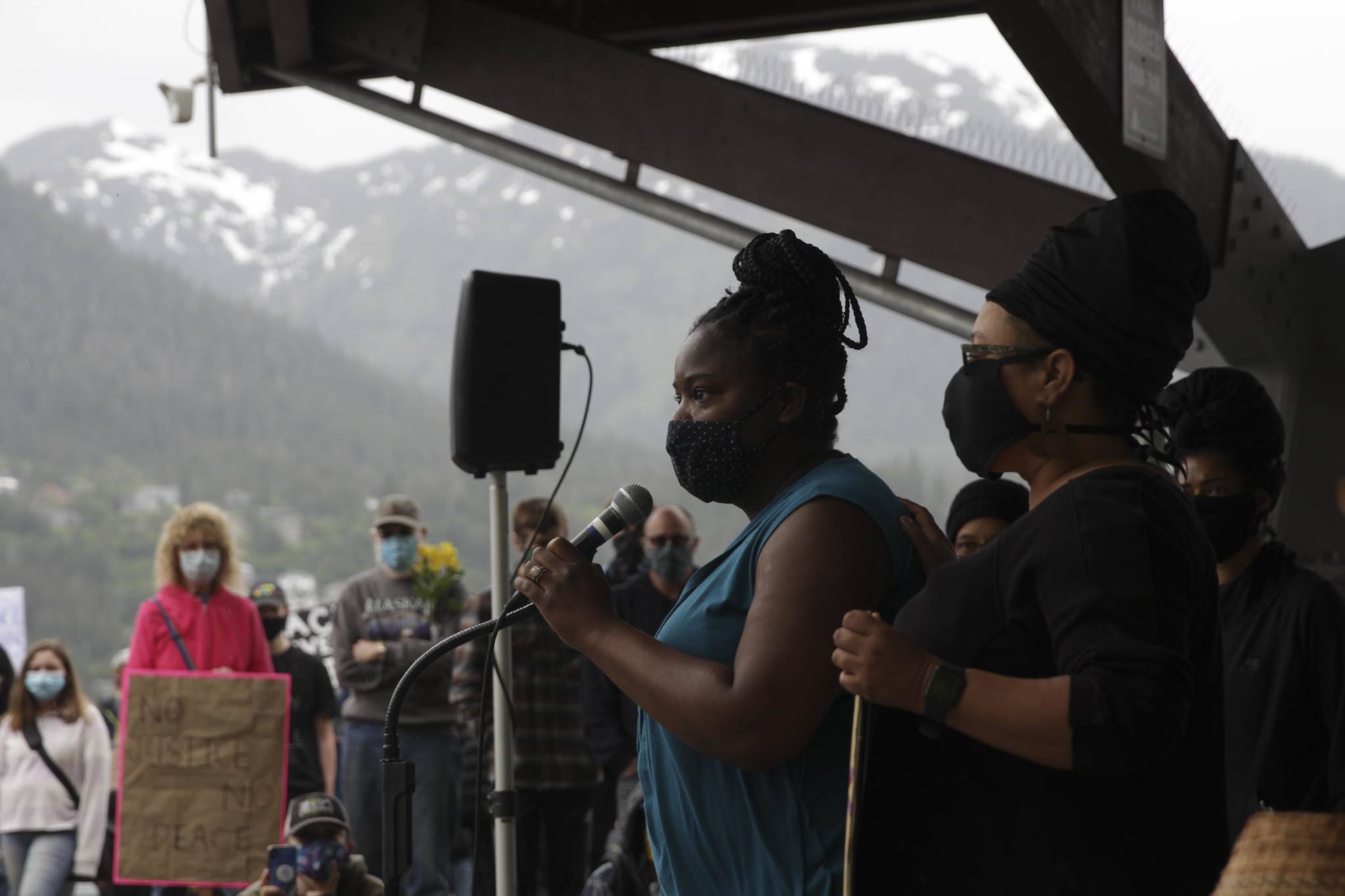 Leah Haskell-Cummins speaks during a rally for human rights and the sanctity of black lives in Marine Park on June 6, 2020, following the death of George Floyd in the custody of the Minneapolis Police Department. (Michael S. Lockett | Juneau Empire)