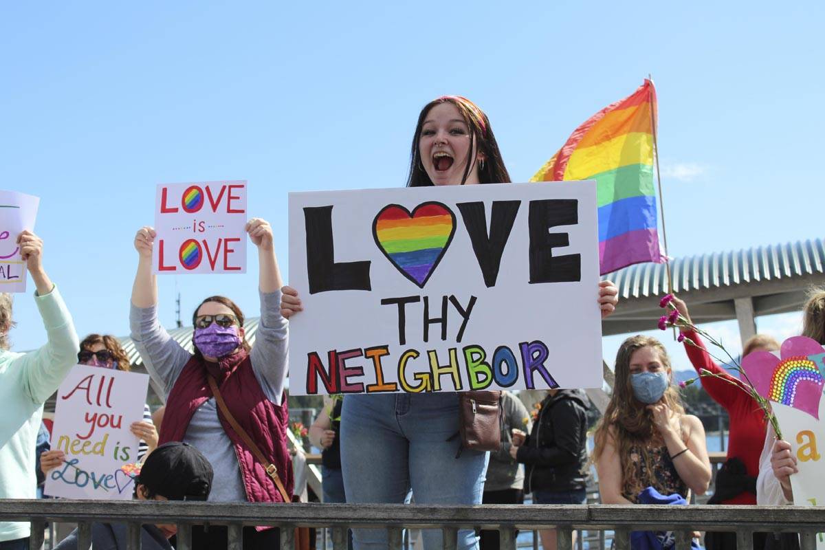 Ketchikan residents turn out to show support to the LGBTQ community after a florist refused service to a gay couple on June 5, 2020. (Courtesy photo | Tommy Varela)