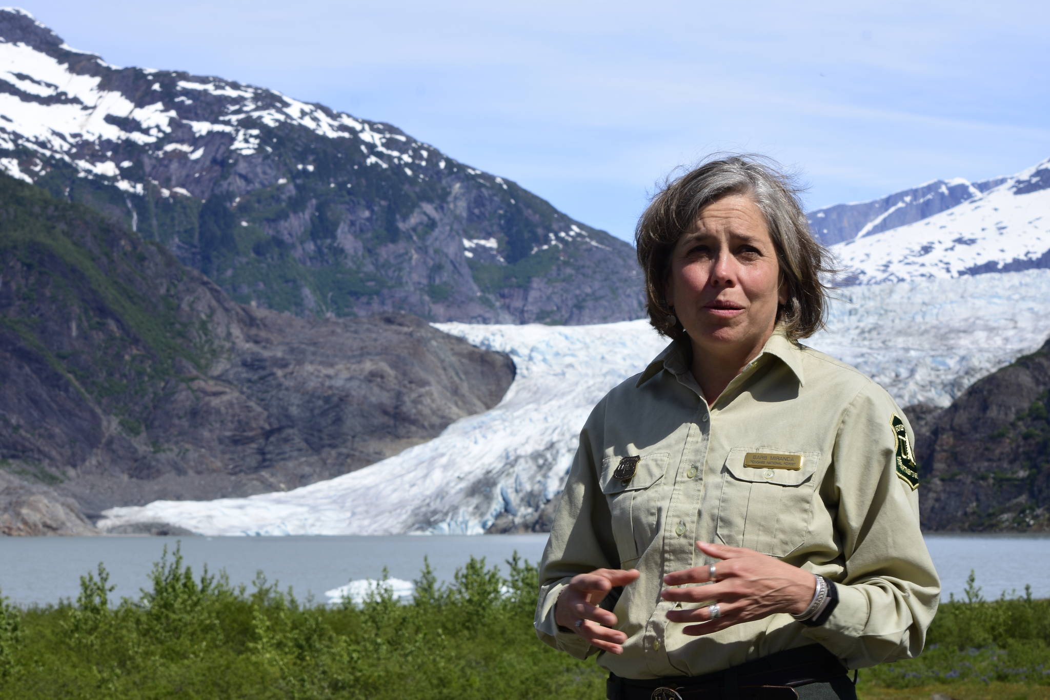 Peter Segall | Juneau Empire                                Mendenhall Glacier Visitor Center Director Barb Miranda stands at Photo Point near the center on Friday, June 12, 2020. Miranda said her first day on the job she had to close the center to the public due to the COVID-19 pandemic.
