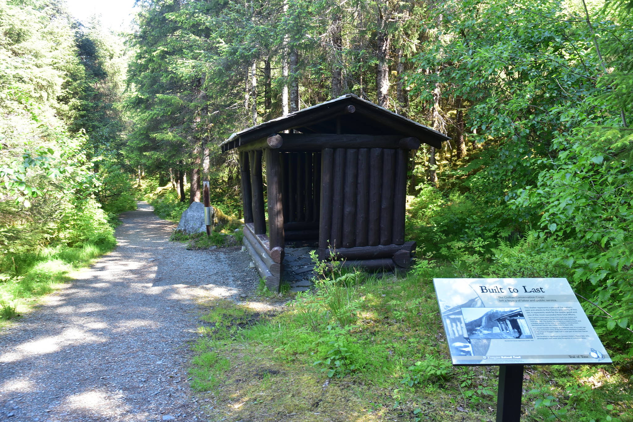 A recreation of a Civilian Conservation Corps shelter on a CCC-built Trail of Time behind the Mendenhall Glacier Visitor Center on Friday, June 12, 2020. With high unemployment due to COVID-19, the New Deal program is providing a model for state and local work programs. (Peter Segall | Juneau Empire)