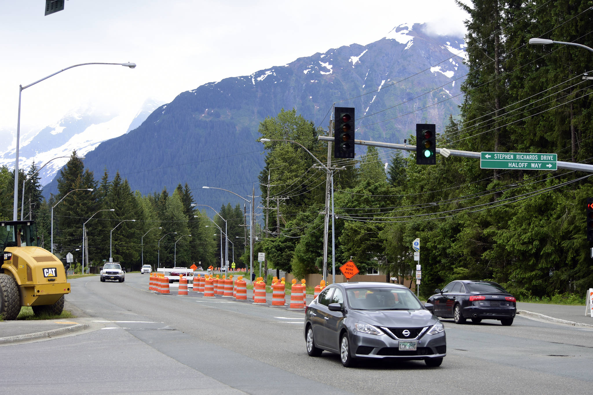 Construction takes place at Mendenhall Loop Road and Stephen Richards Memorial Drive on Monday, June 9, 2020. Work on the roundabouts is expected to be completed by September. (Peter Segall | Juneau Empire)