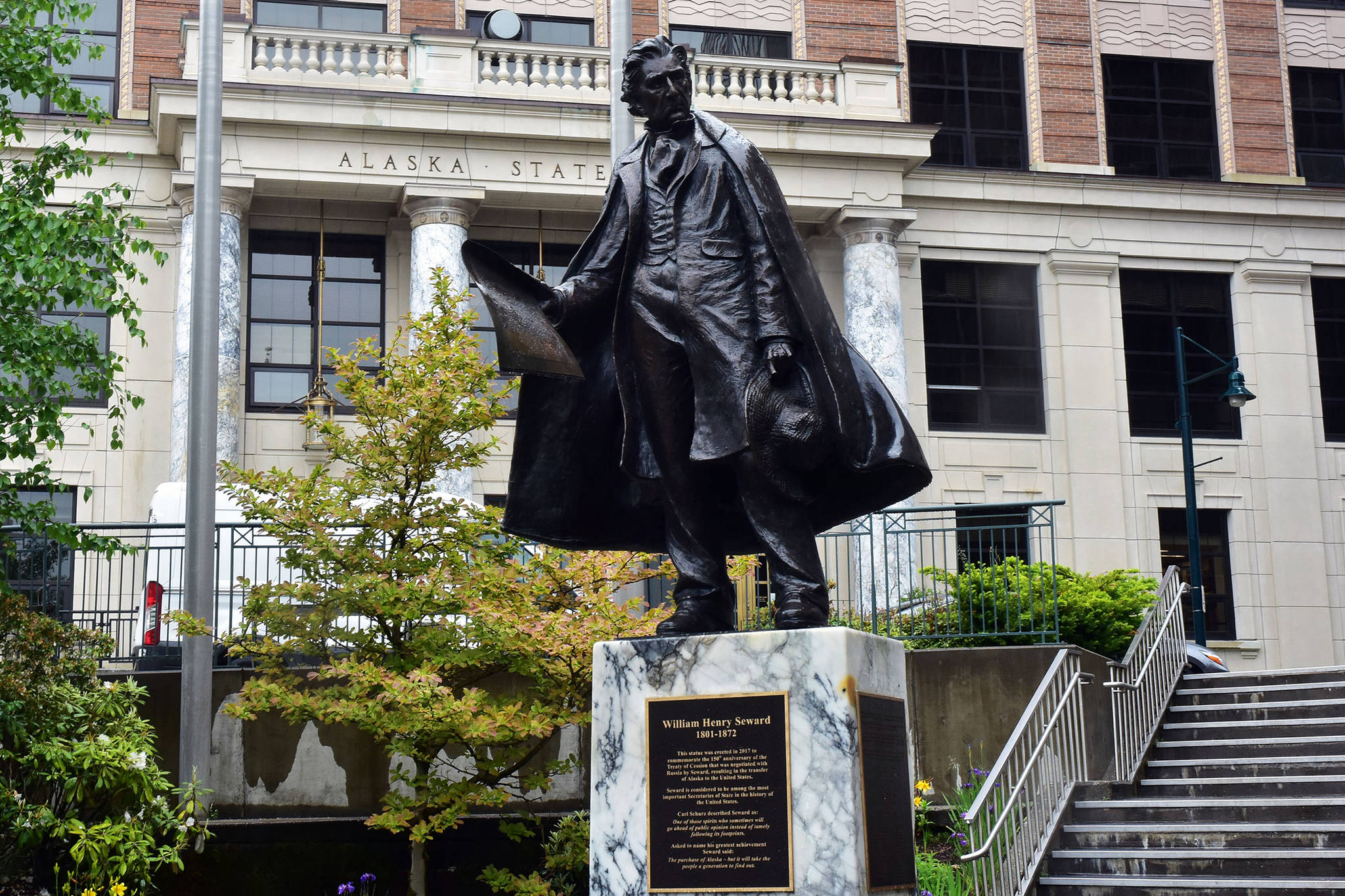 A statue of William Henry Seward, former U.S. senator and governor of New York, vice president and secretary of state, who negotiated the purchase of the Alaska territory from the Russian Empire in 1867 stands on Tuesday, June 16, 2020. A petition has been circulating online calling for the statue’s removal, citing the legacy of U.S. imperialism.