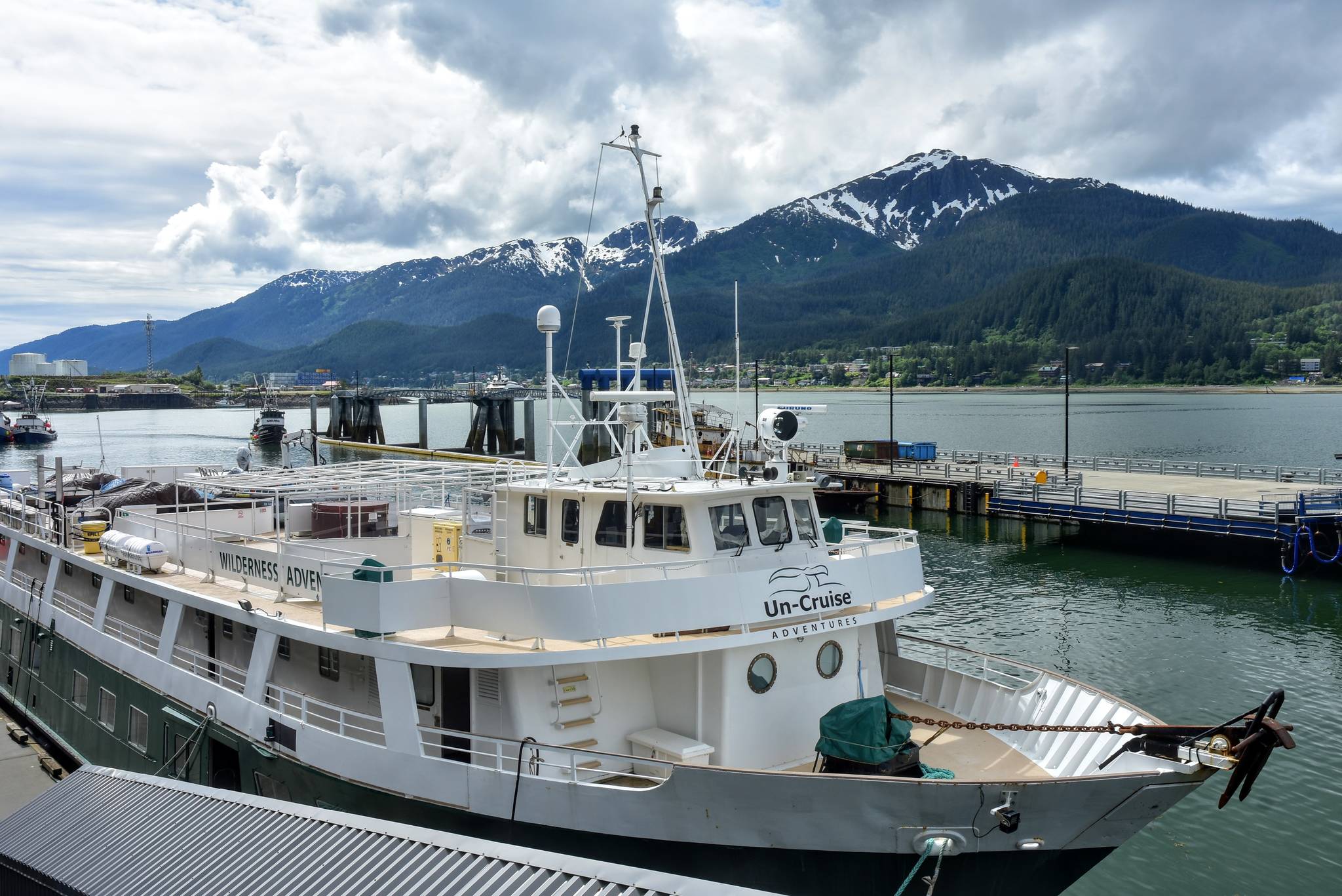 Peter Segall | Juneau Empire                                 An UnCruise vessel sits tied up on Juneau’s waterfront on Monday, June 22, 2020. UnCruise and other small cruise ship lines are planning limited voyages to Alaska for the end of summer. That has some local officials worried about how they might handle a health crisis, and considering how they can boost the economy.