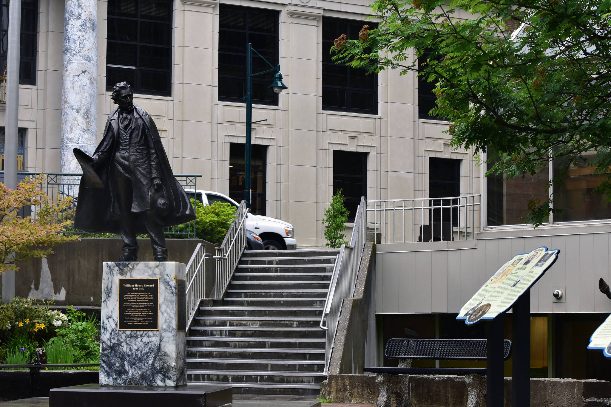 A statue of William Henry Seward, former U.S. Senator and governor of New York, Vice President and Secretary of State who negotiated the purchase of the Alaska territory from the Russian Empire in 1867 on Tuesday, June 16, 2020. (Peter Segall | Juneau Empire)