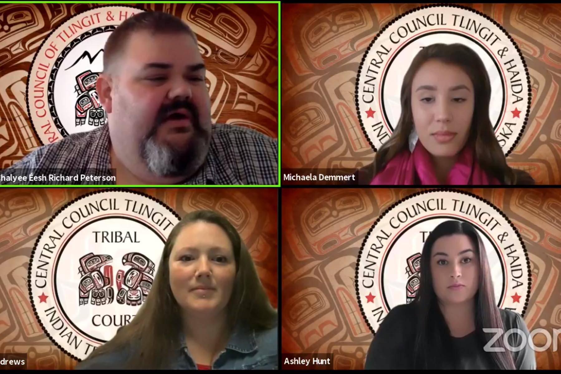 Screenshot                                Members of Tlingit and Haida’s lunchtime chat discuss the tribal courts system over web conference on June 25.