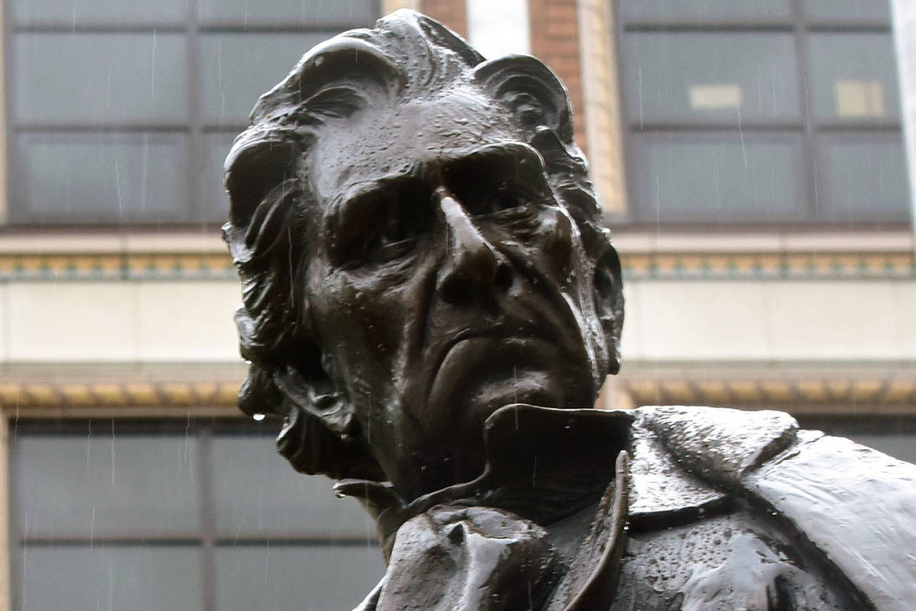 A statue of William Henry Seward, former U.S. Senator and governor of New York, Vice President and Secretary of State who negotiated the purchase of the Alaska territory from the Russian Empire in 1867 on Tuesday, June 16, 2020. A petition has been circulating online calling for the statue’s removal, citing Seward’s relationship with Alaska Natives. (Peter Segall | Juneau Empire)