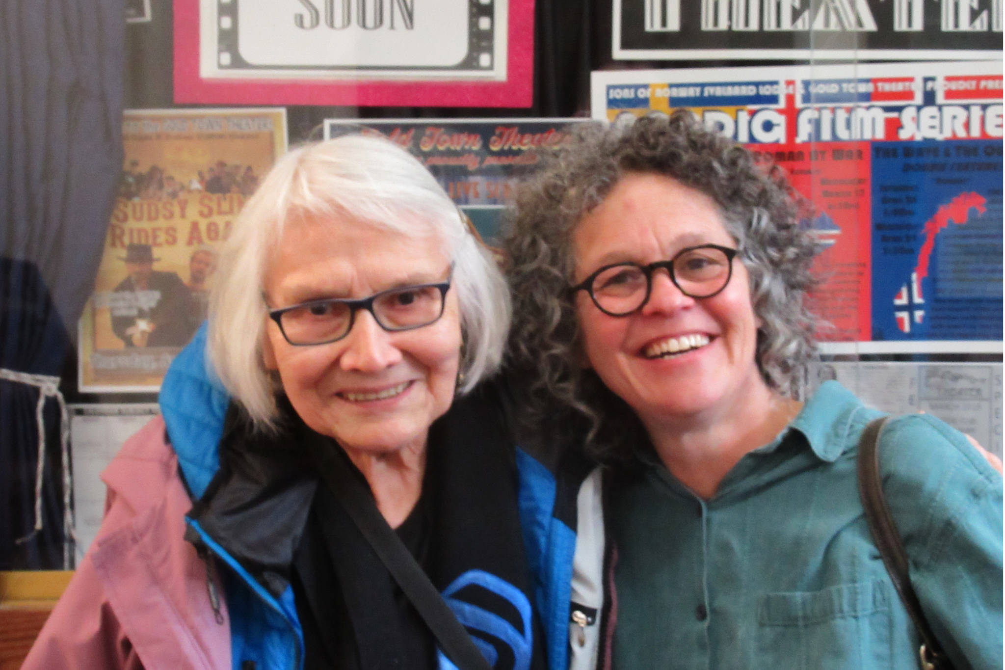 Weaver Delores Churchill and filmmaker Ellen Frankenstein smile outside the Gold Town Theater after a screening of “Tracing Roots,” Sunday, March 31, 2019. (Ben Hohenstatt | Capital City Weekly)                                Weaver Delores Churchill (left), shown in this March 2019 photo with and filmmaker Ellen Frankenstein, will be interviewed as part of Sealaska Heritage Institute’s virtual First Friday event. (Ben Hohenstatt | Juneau Empire File)