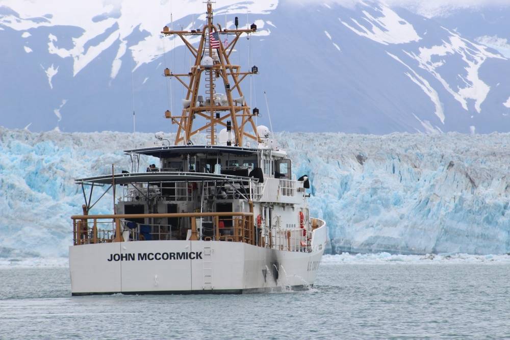 The crew of the Coast Guard Cutter John McCormick conducts a patrol in Disenchantment Bay, Alaska, near Hubbard Glacier, June 13, 2017. The cutter and crew are homeported in Ketchikan, Alaska, and conduct Coast Guard operations throughout Southeast Alaska. (Coast Guard photo | Petty Officer 1st Class Matt Miller)