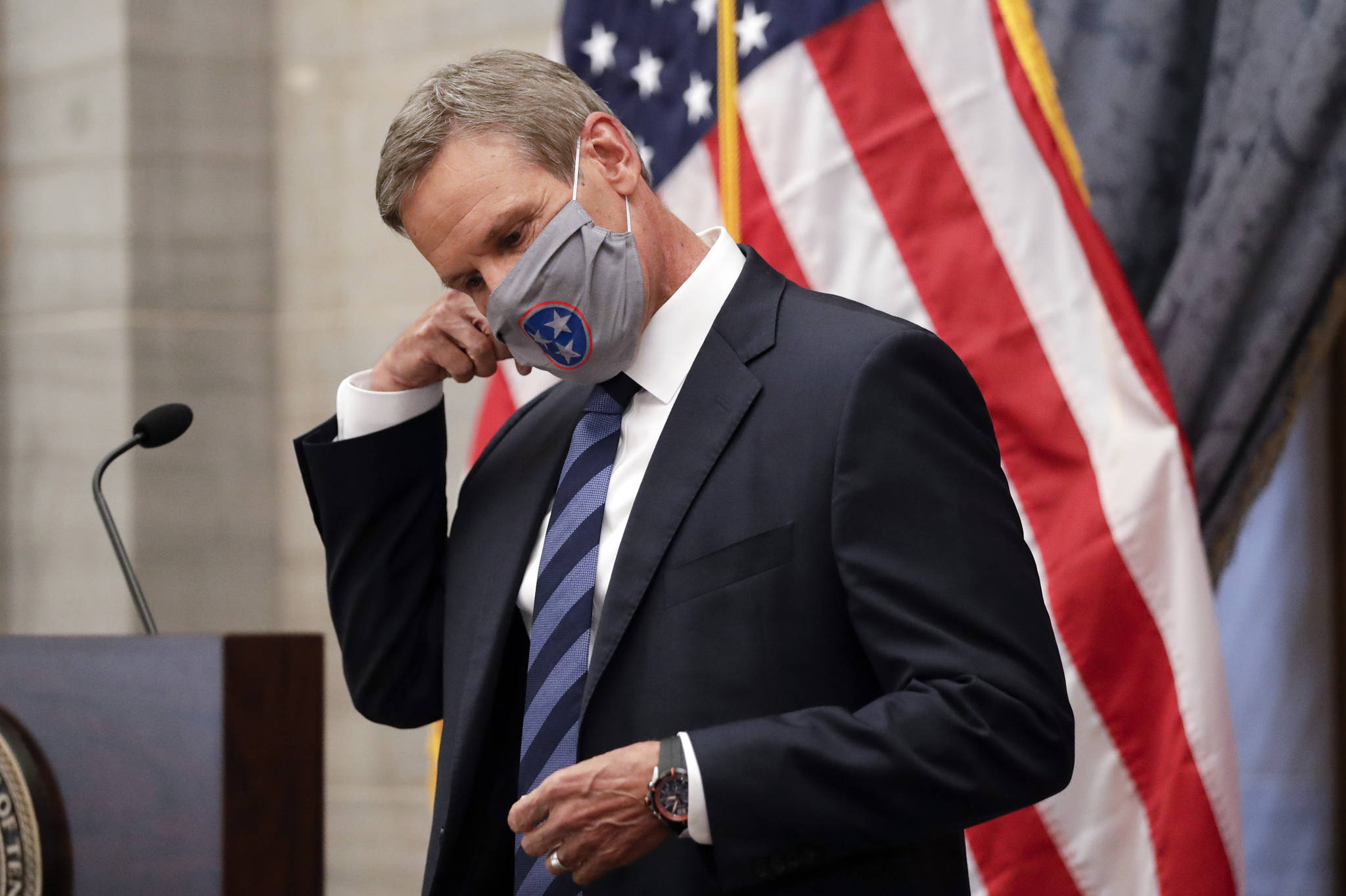 Tennessee Gov. Bill Lee removes his mask as he begins a news conference Wednesday, July 1, 2020, in Nashville, Tenn. (AP Photo | Mark Humphrey)