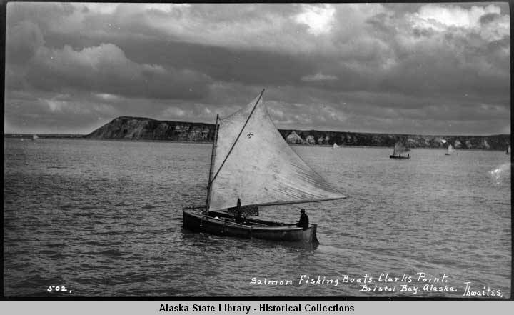 A sailboat fishes Bristol Bay. From 1929 to 1951, Bristol Bay fishermen were not allowed to use powerboats. Instead, they used 30-foot long double-ender sailboats owned by different canneries. (Courtesy Photo | Alaska State Digital Archives)
