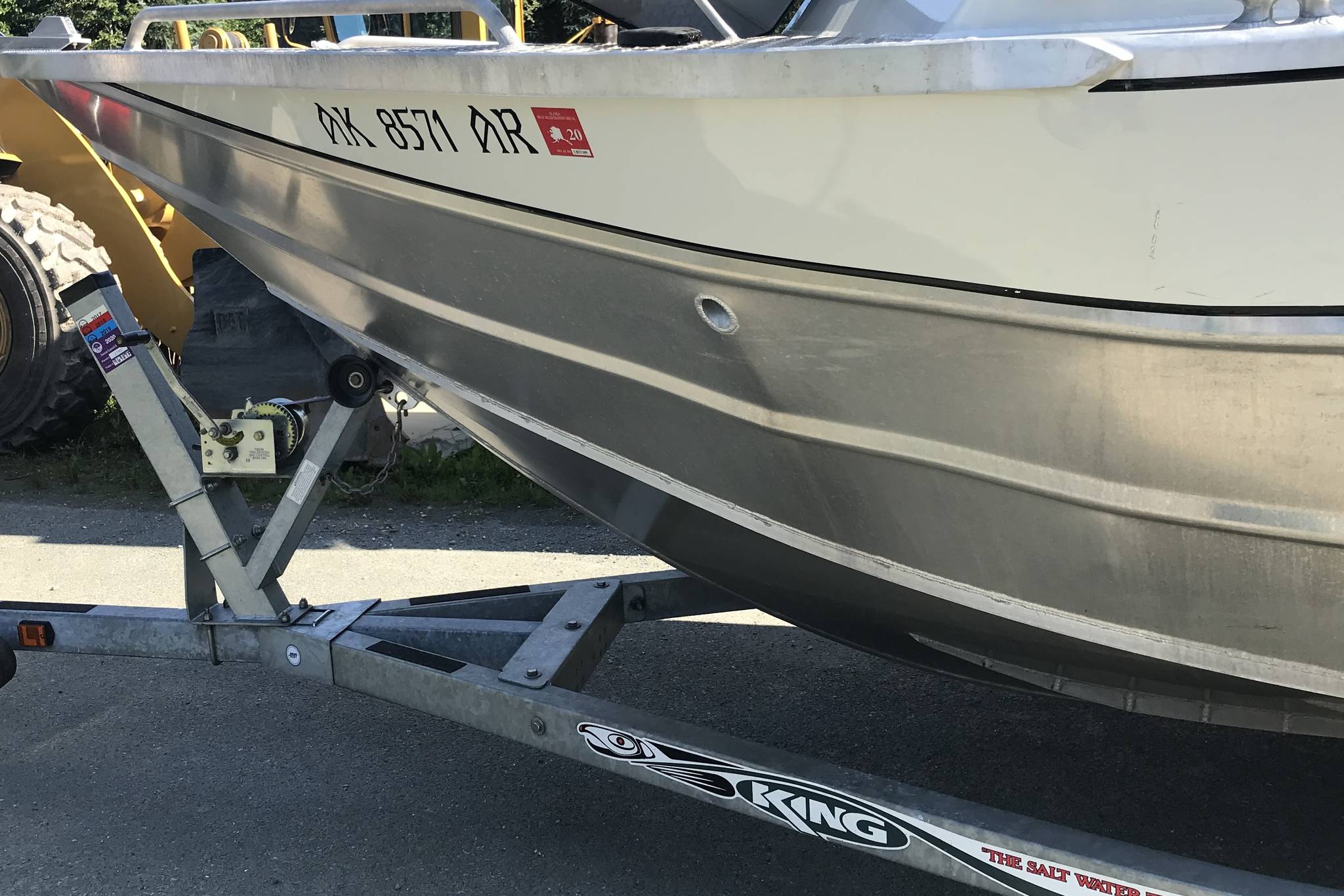 Faint damage can be seen where Joe and Kendall Carson’s boat struck a whale in a June 29 collision that left three people injured. (Courtesy photo | Kendall Carson)