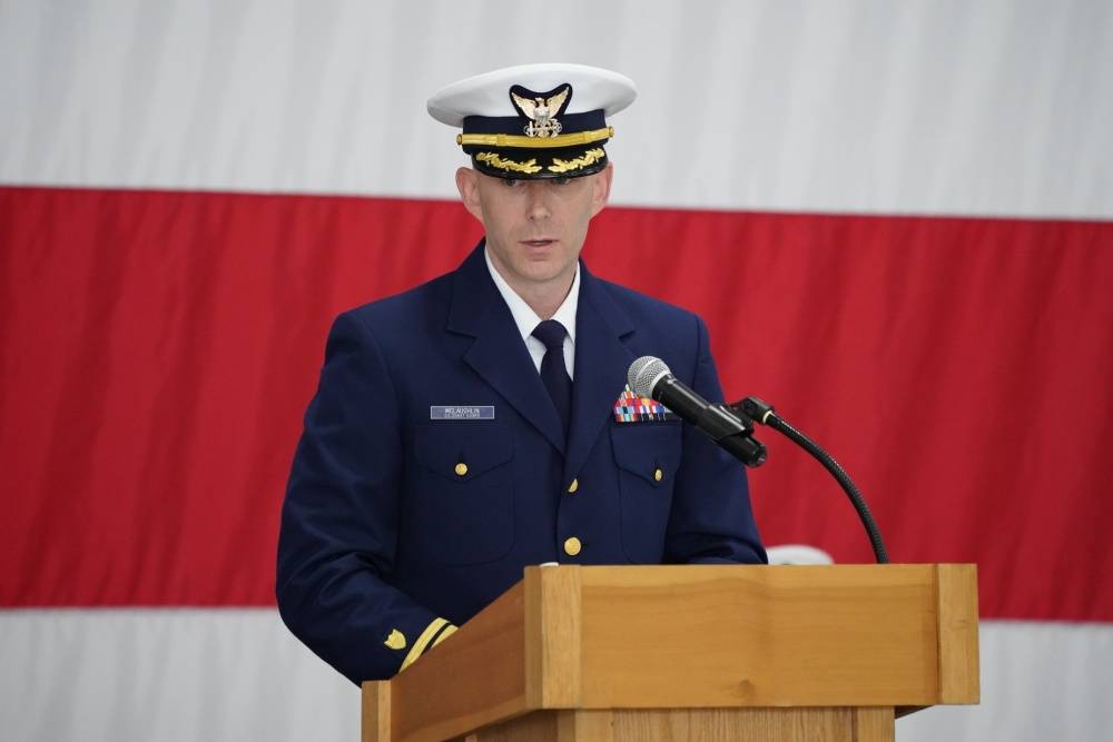Cmdr. Brian McLaughlin speaks to Coast Guard Air Station Sitka personnel during a change of command ceremony held at Air Station Sitka, Alaska, July 17, 2020. (Courtesy photo | U.S. Coast Guard)