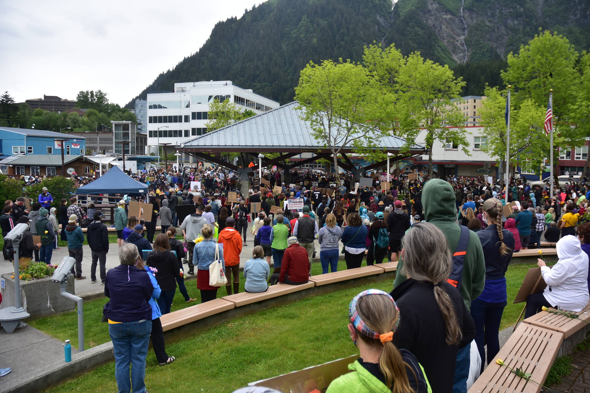 Peter Segall / Juneau Empire                                 Hundreds gathered at Marine Park in downtown Juneau on June 7, 2020, for a rally and march calling for an end to police violence and systemic racism in America. Protesters issued a number of demands at the rally, and the City and Borough of Juneau has been trying to address some of those issues.
