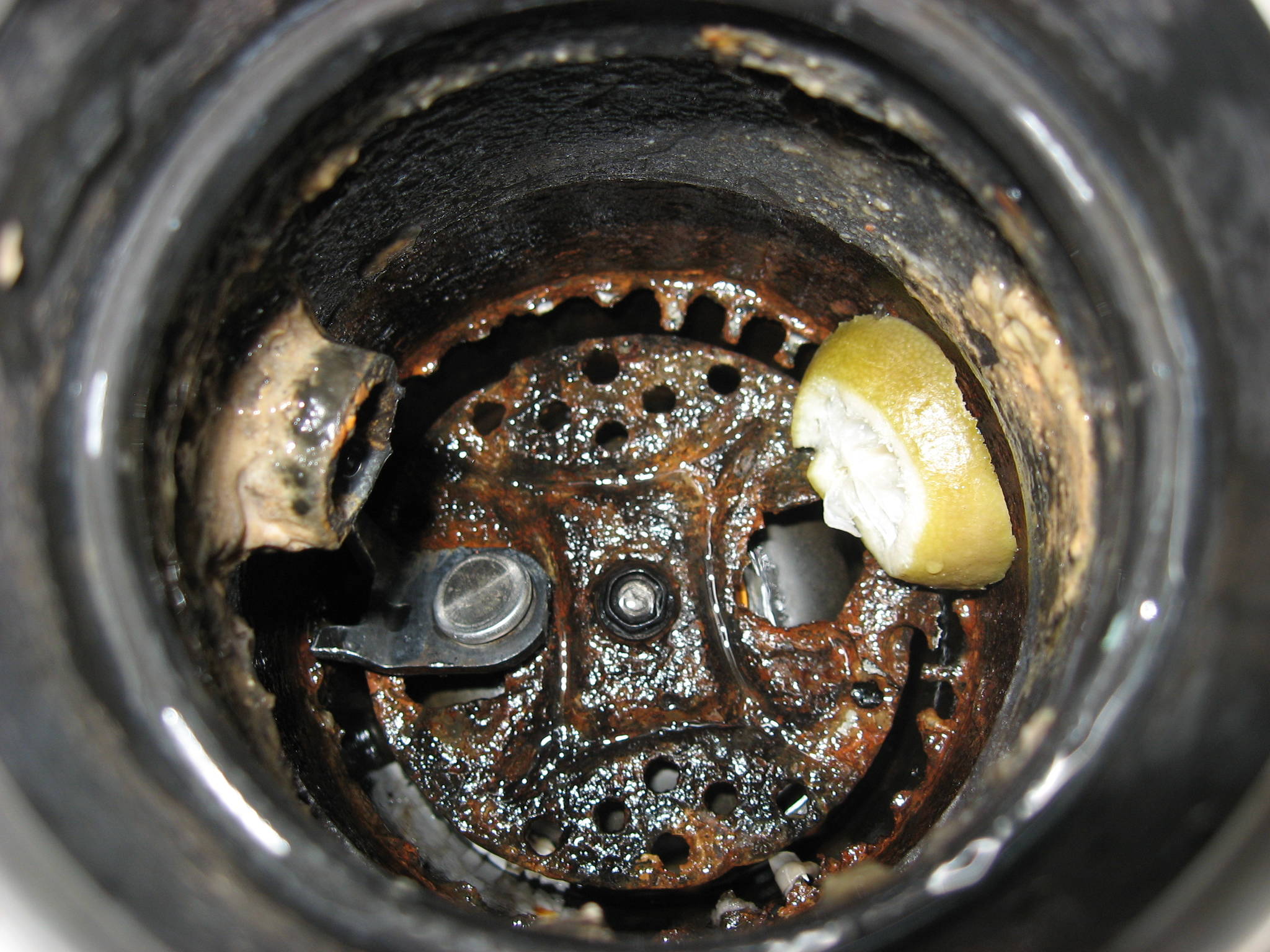 This photograph shows a heavily corroded garbage disposal, as seen from above. (Courtesy Photo/RTHardin)