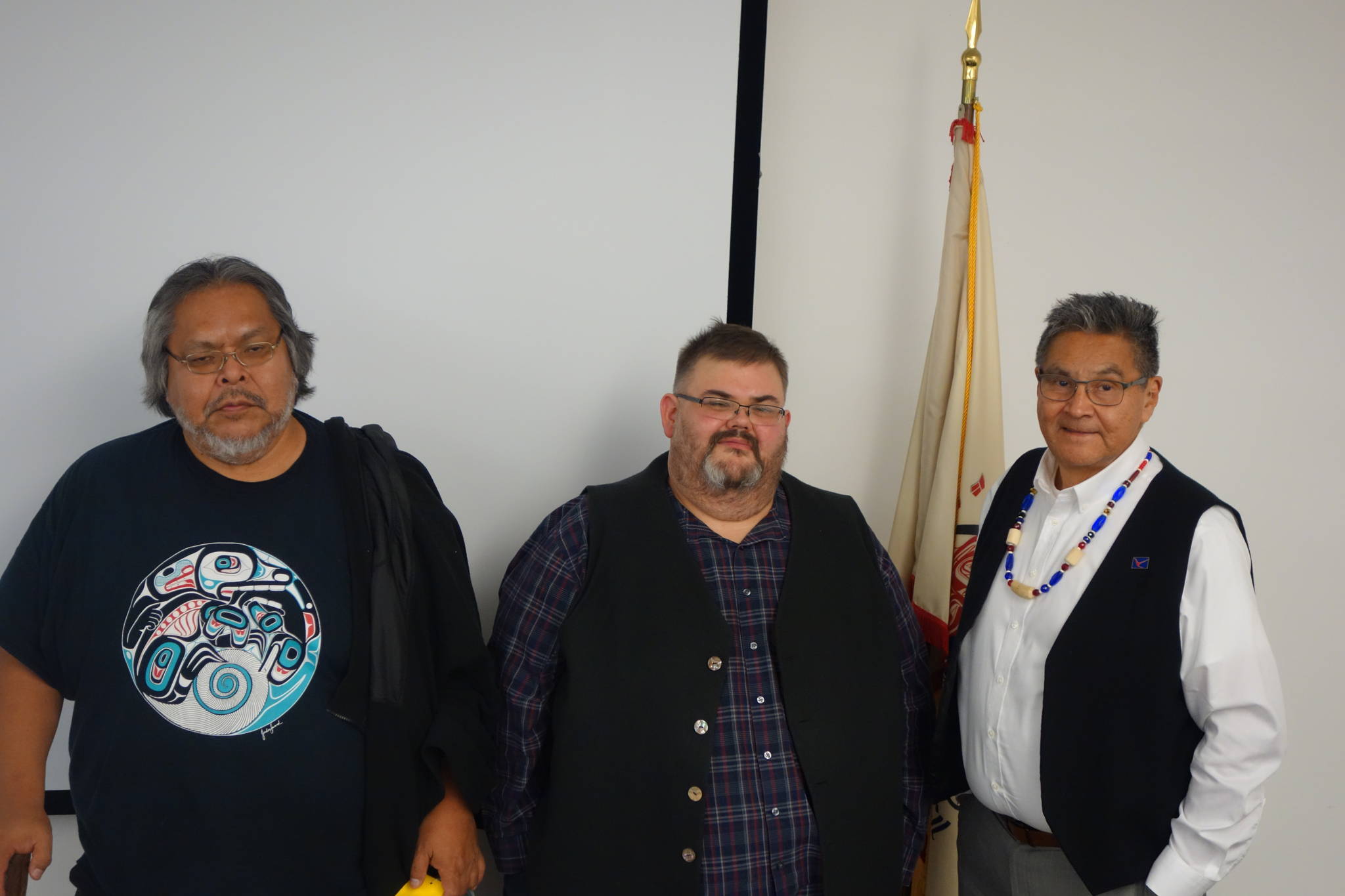 Ben Hohenstatt / Juneau Empire File Organized Village of Kake President Joel Jackson, Central Council of Tlingit and Haida Indian Tribes of Alaska President Richard Chalyee Éesh Peterson and Organized Village of Saxman President Lee Wallace stand together following a meeting with United States Department of Agriculture Under Secretary Jim Hubbard in Juneau Saturday, Nov. 2, 2019. Tlingit and Haida, Kake and Saxman are among a network responding to the coronavirus.