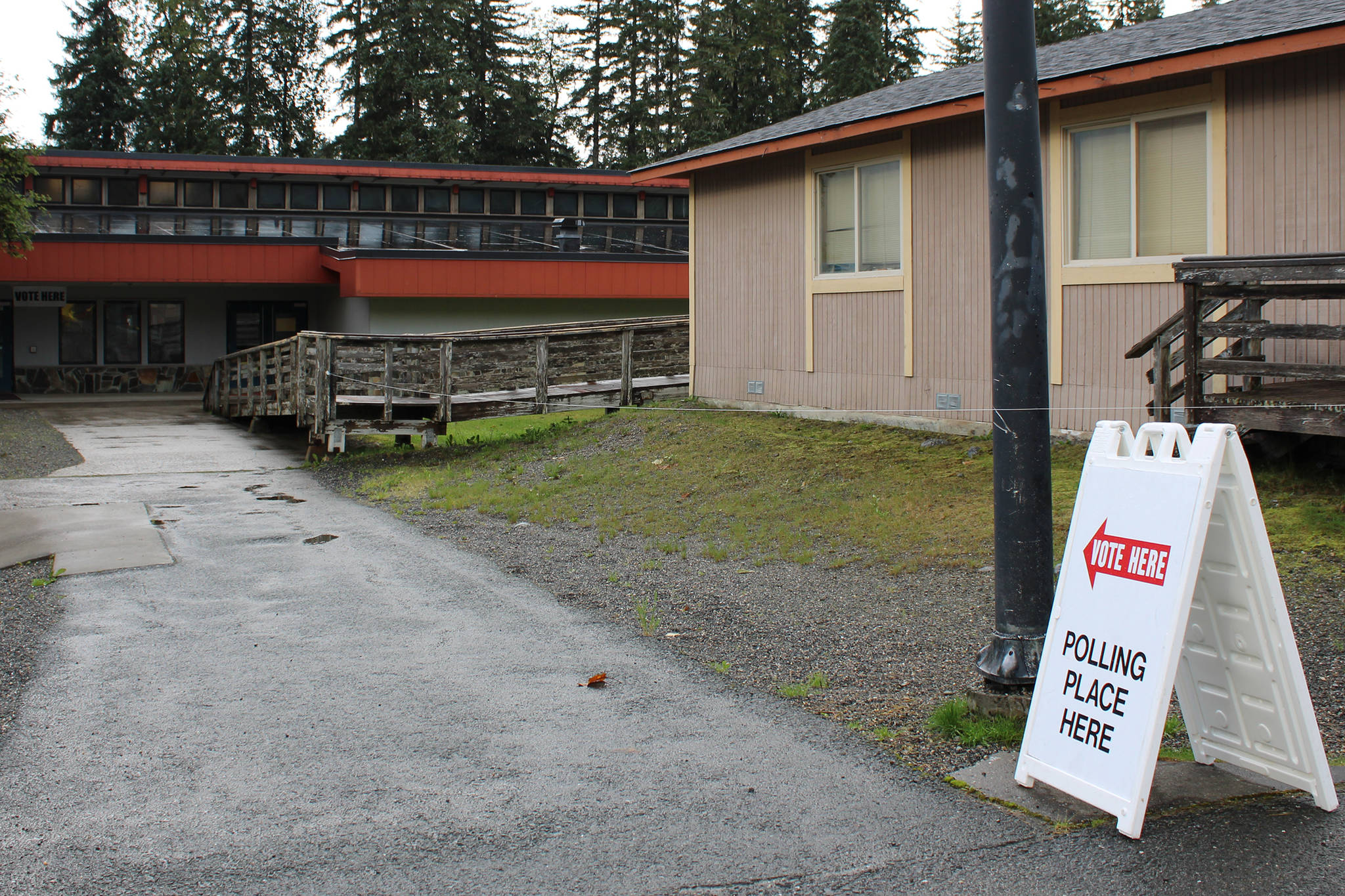 A sign marks a polling place in Juneau for the Tuesday, Aug. 18, 2020, primary election. (Ben Hohenstatt / Juneau Empire)