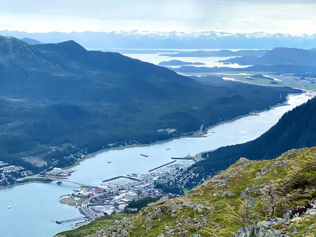 Downtown Juneau, the airport and the Chilkats as seen from the Mount Roberts trail on Aug. 21, 2020. (Courtesy Photo / Denise Carroll)