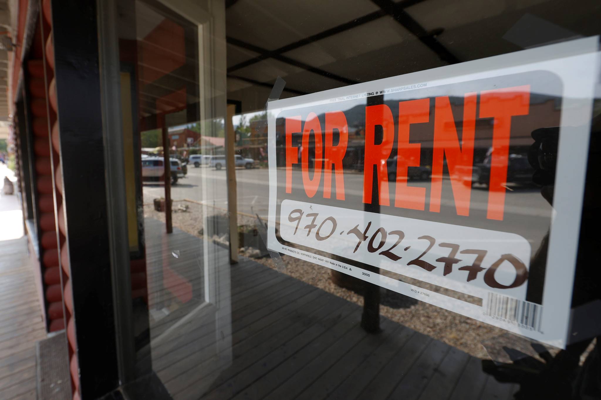 A sign hangs in the window of a shop available for rent along the main street Wednesday, Aug. 5, 2020, in Grand Lake, Colo. In Juneau, the city set up a rental assistance program to help with the high cost of housing and high unemployment caused by the coronavirus pandemic. (AP Photo / David Zalubowski)