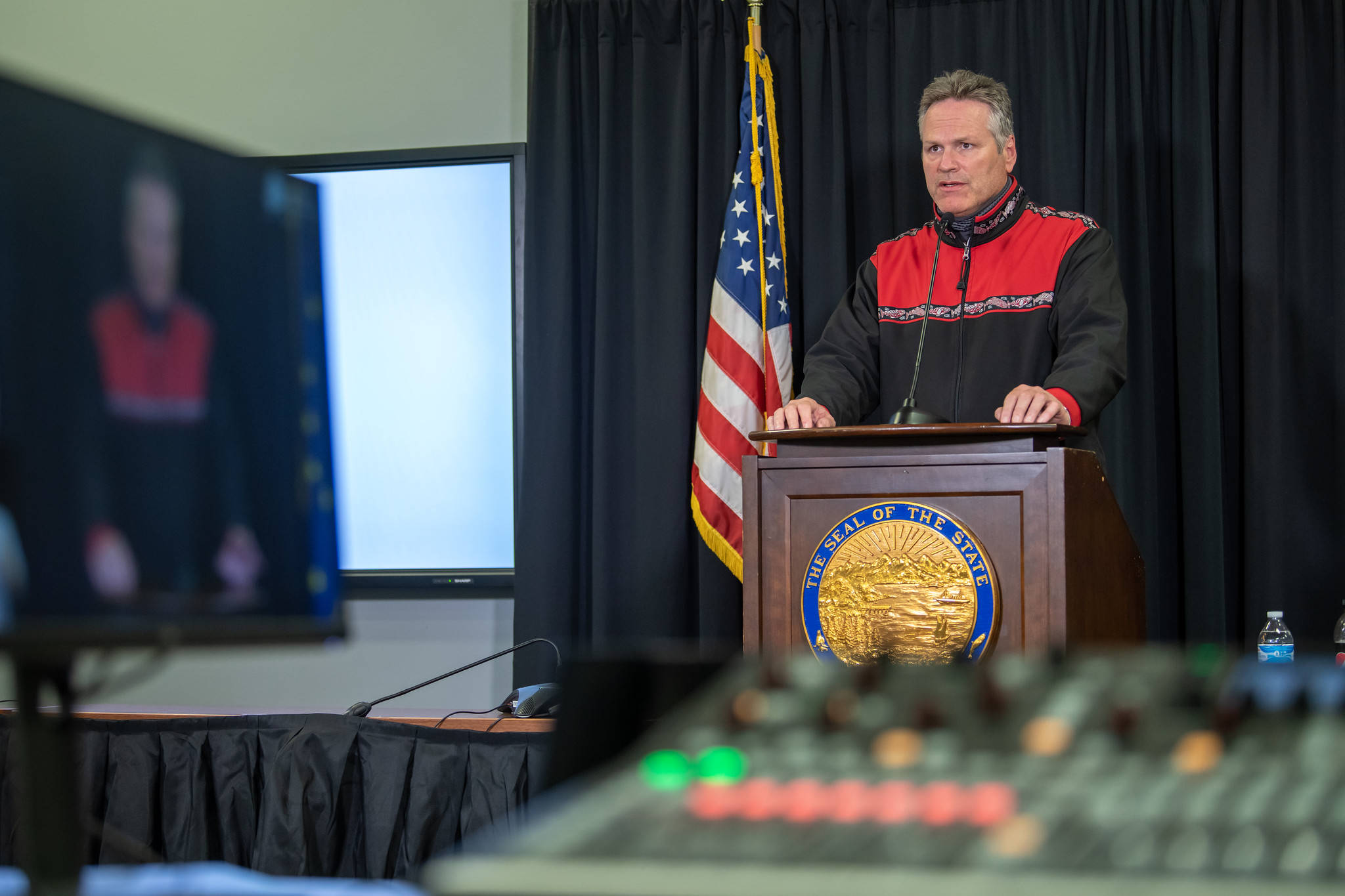 Gov. Mike Dunleavy at a press conference in Anchorage on Aug. 11, 2020. (Courtesy photo / Office of Gov. Mike Dunleavy)